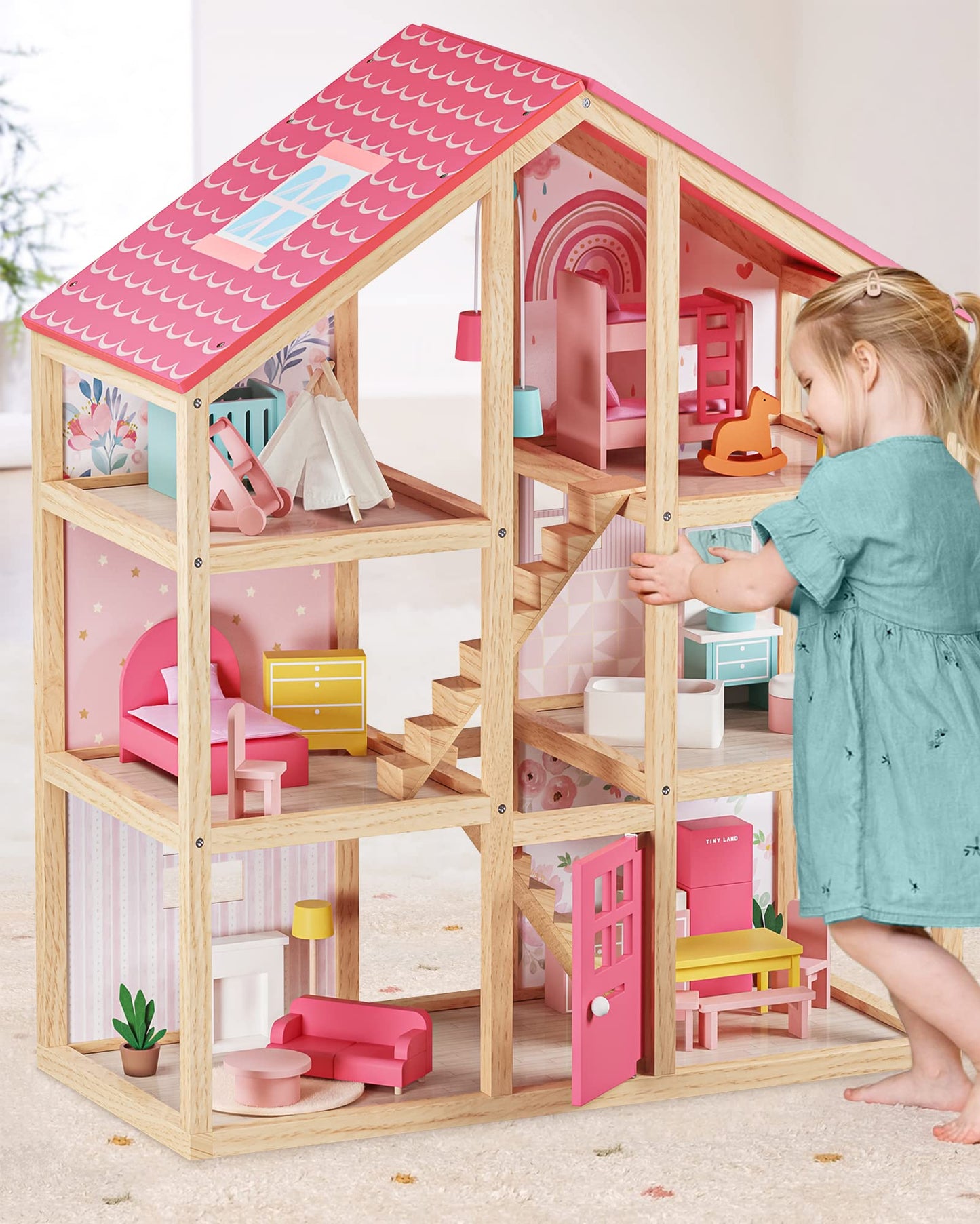 Tiny Land Wooden Dollhouse for Girls & Dollhouse Garage Toy Set