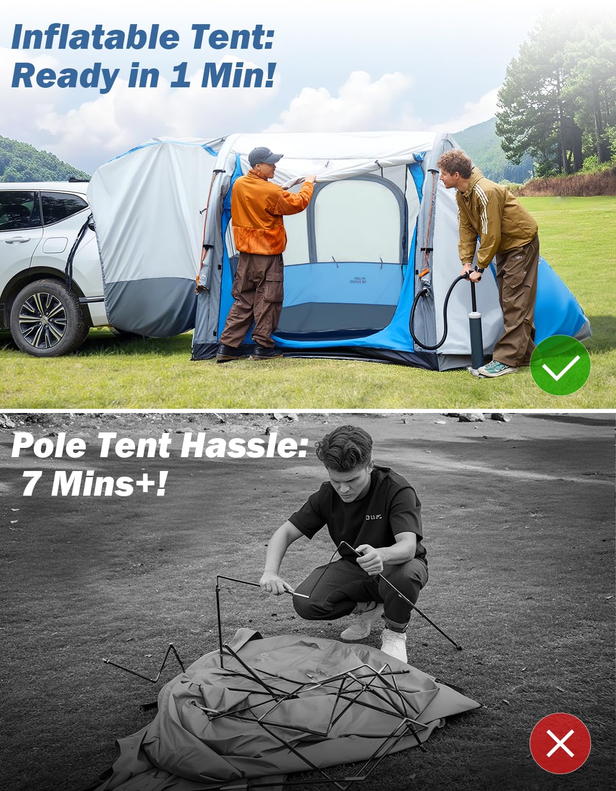 JOYTUTUS SUV Tent with Inflatable Pump, 30% More Space, Easy Set-up Car Tent for 6 Person Family Camping, Dual-Use SUV or Camping with 2 Awnings, Double Door, Fit for SUV Car Van