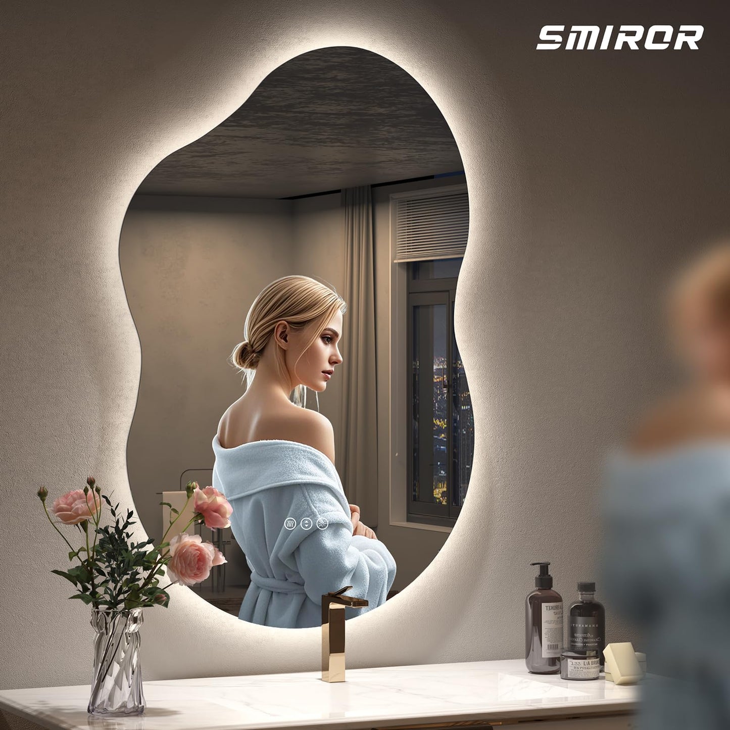 SMIROR Irregular Backlit Bathroom Mirror with Lights 40 x 24, Asymmetrical Cloud Led Lighted Vanity Mirror for Wall, Anit-Fog, Dimmable, Memory Function (Horizontal/Vertical)