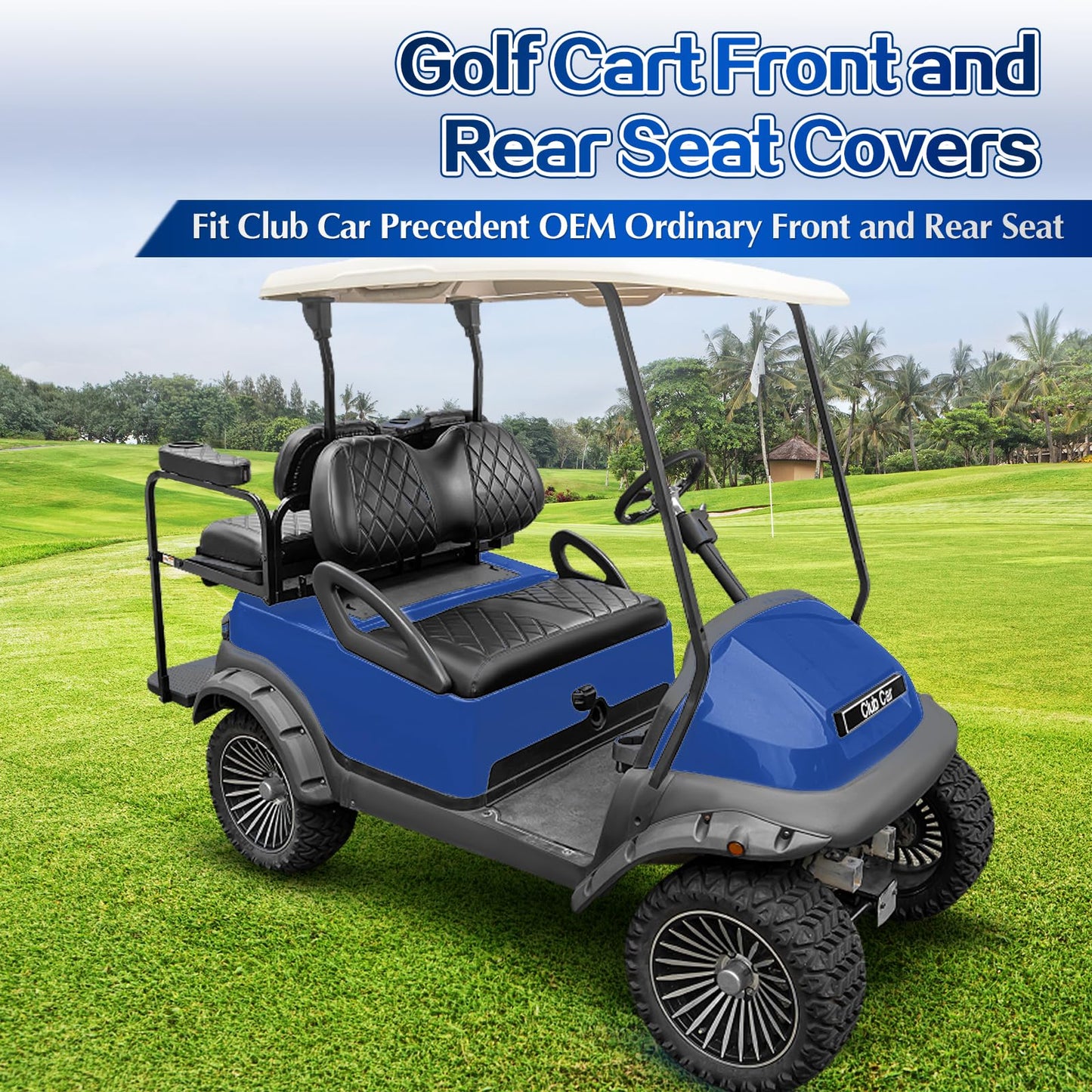 NOKINS 4PCS Golf Cart P Front and Rear Diamond Seat Covers and Golf Cart Rear Armrest with Cup Holder Kit (Fits 1-inch Square Tube) for Club Car Precedent Original Regular Seat Cushion(Black)
