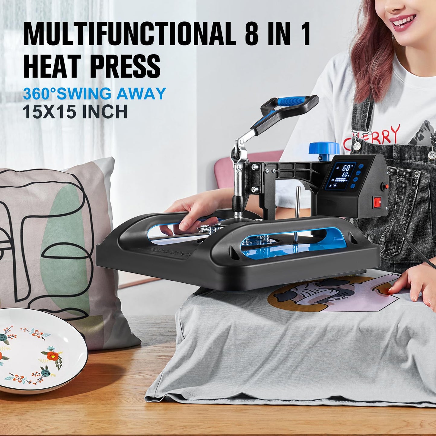 Topdeep Pro Heat Press 15x15 Inch, 8 in 1 Heat Press Machine with 30 OZ Tumbler Press, Swing Away T Shirt Pressing Machine, Combo Tumbler Heat Press Machine Sublimation for T-Shirt Hat Cap Mug Plate