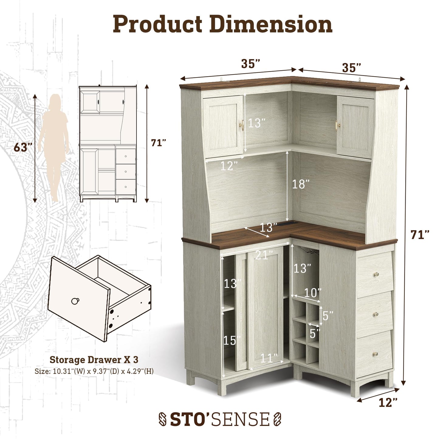 STO’Sense 71" Tall Corner Cabinet w/Charging Station,L-Shaped Kitchen Pantry Storage Cabinet w/3 Drawers,Countertop,Wine Rack,Shelves,Glass Holder&Sliding Door, Large Microwave Stand Hutch, Antique