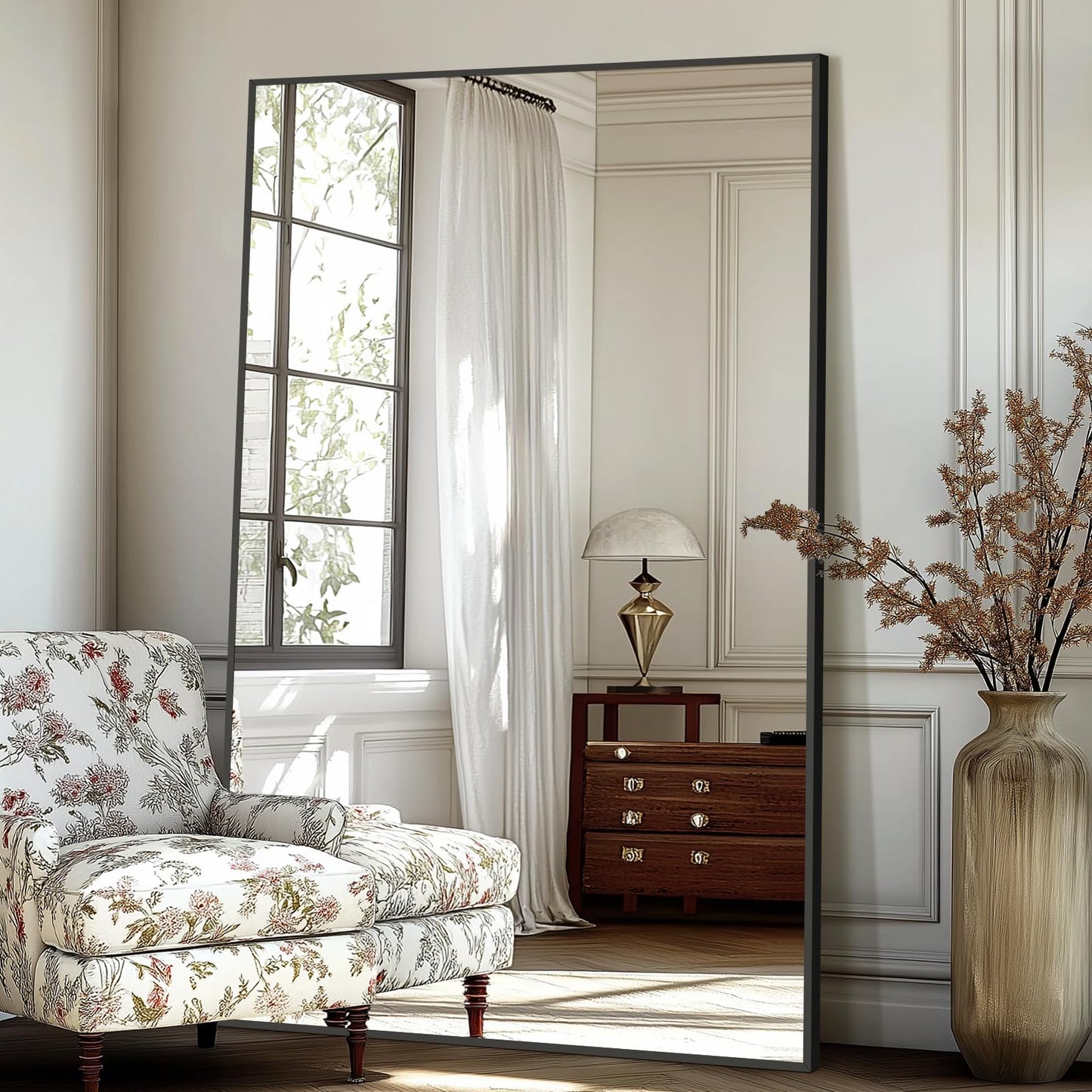 Large Mirror Full Length 72"X44", Oversized Floor Mirror with Stand, Black Free Standing Mirror Full Length for Gym Bedroom Living Room, Hanging or Wall Mounted, Shatterproof Tempered Glass
