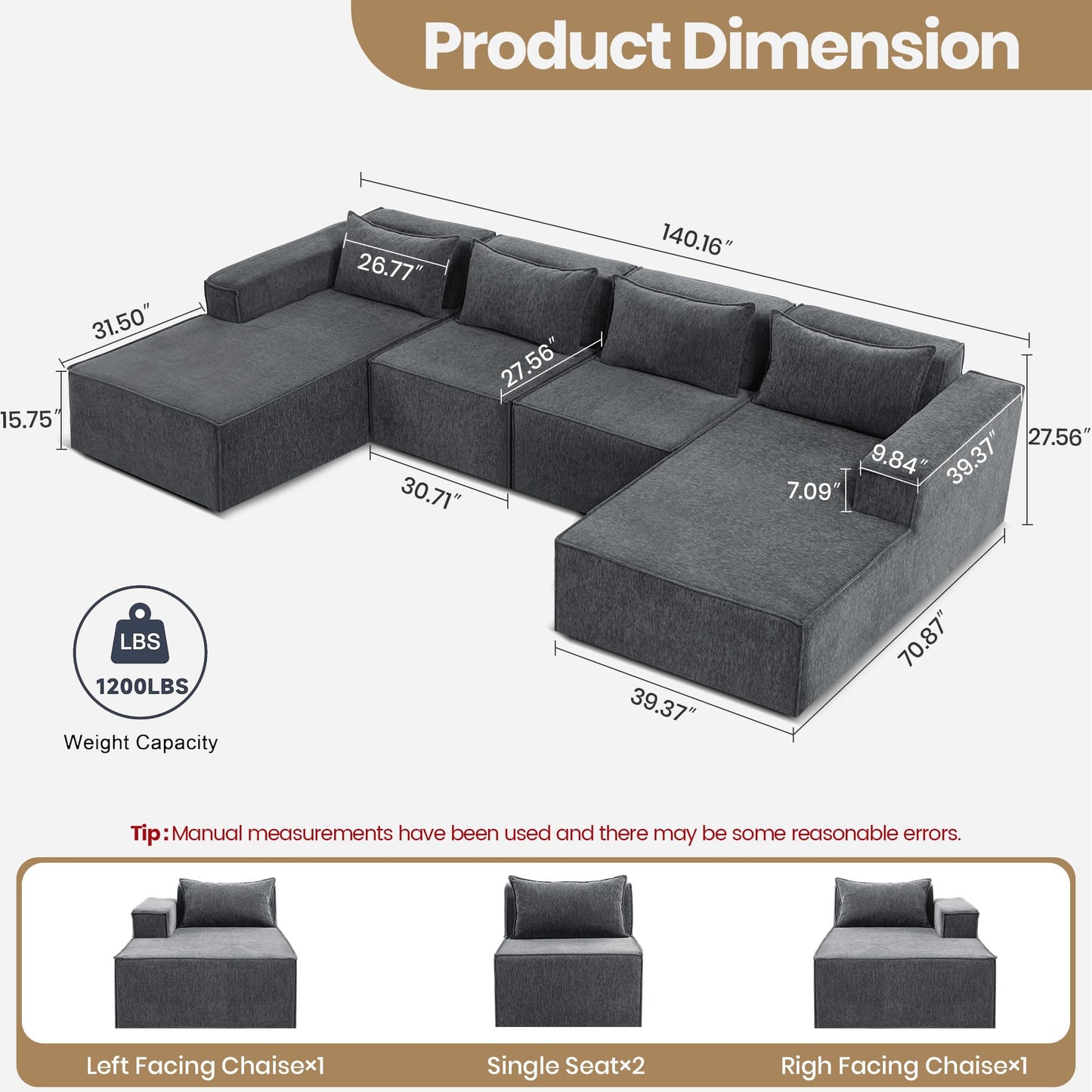 VIKAYAMICS 140" Modular Sectional Sofa, U-Shaped Cloud Couch with Extra Long Chaise Lounge, Oversized Chenille Boneless Sofa Set for Living Room, Comfy Floor Seating, No Assembly Required