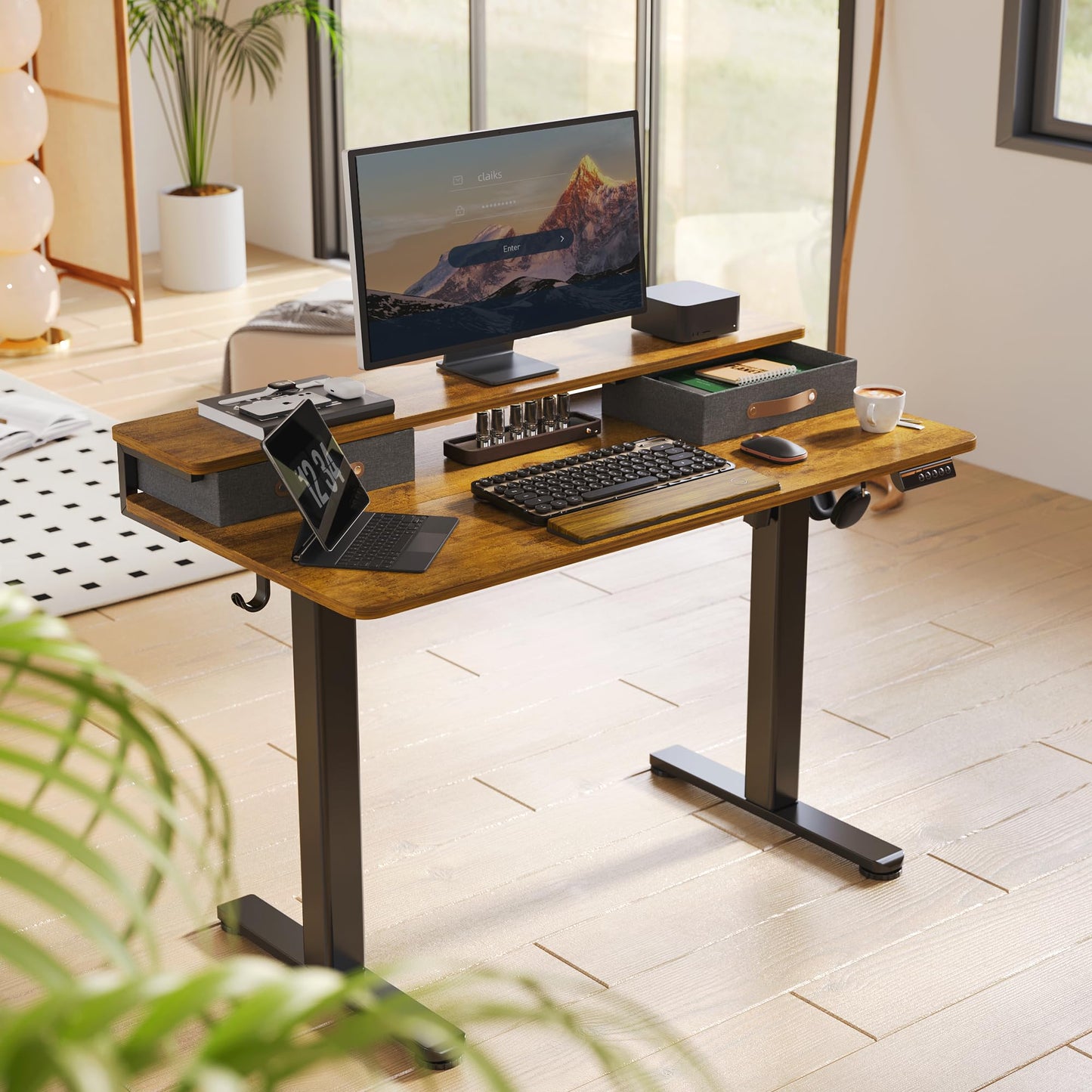 Seang Electric Standing Desk with 2 Drawers, Adjustable Standing Desk with Storage Shelf, Height Adjustable Stand up Desk for Home Office with 3 Presets & 2 Hooks, 55 Inch, Rustic Brown