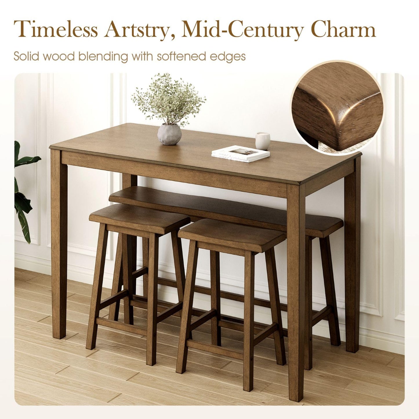 Sophia & William Dining Table Set for 4, Counter Height Table and Chairs Set of 4, Wood Kitchen Table Set with Bench and Chairs, Rectangular Breakfast Dining Set Space Saving,Rustic Caramel