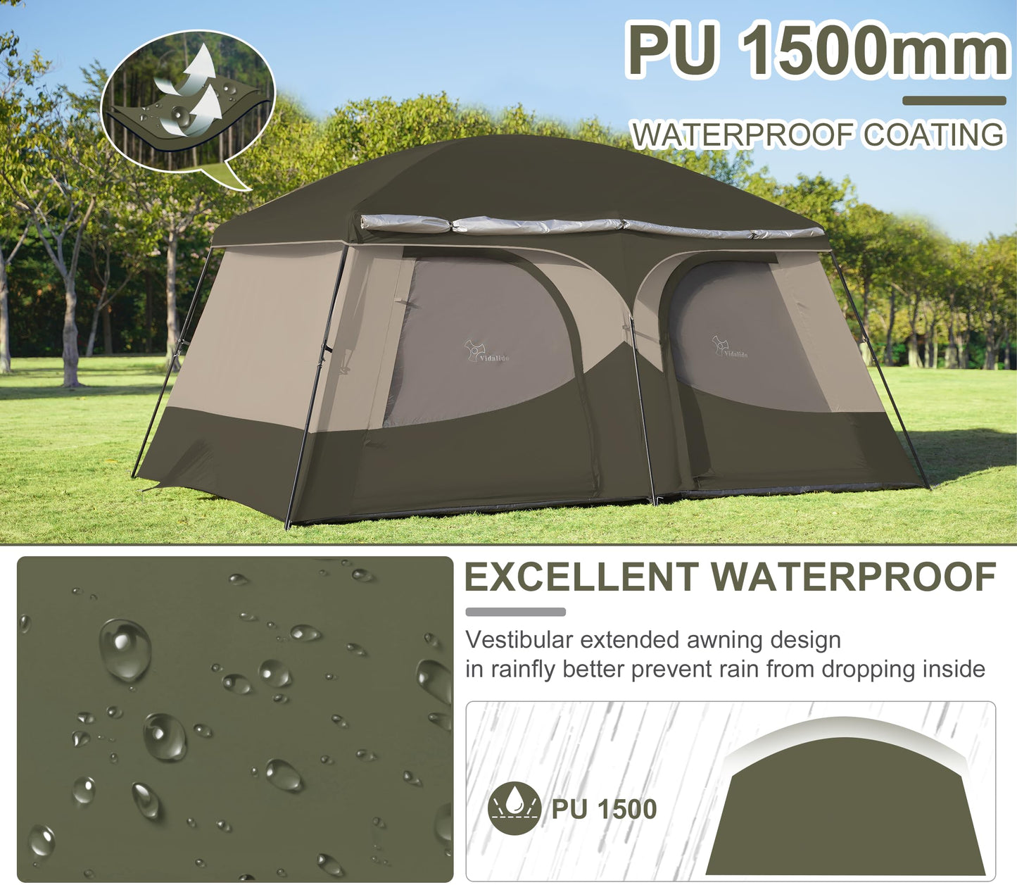 Vidalido Tents,8-10 Person Camping Tent with Extended Vestibule,2 Room Weather Resistant Family Tents,Easy Install Waterproof Outdoor Tent for Camping Hiking(Green)