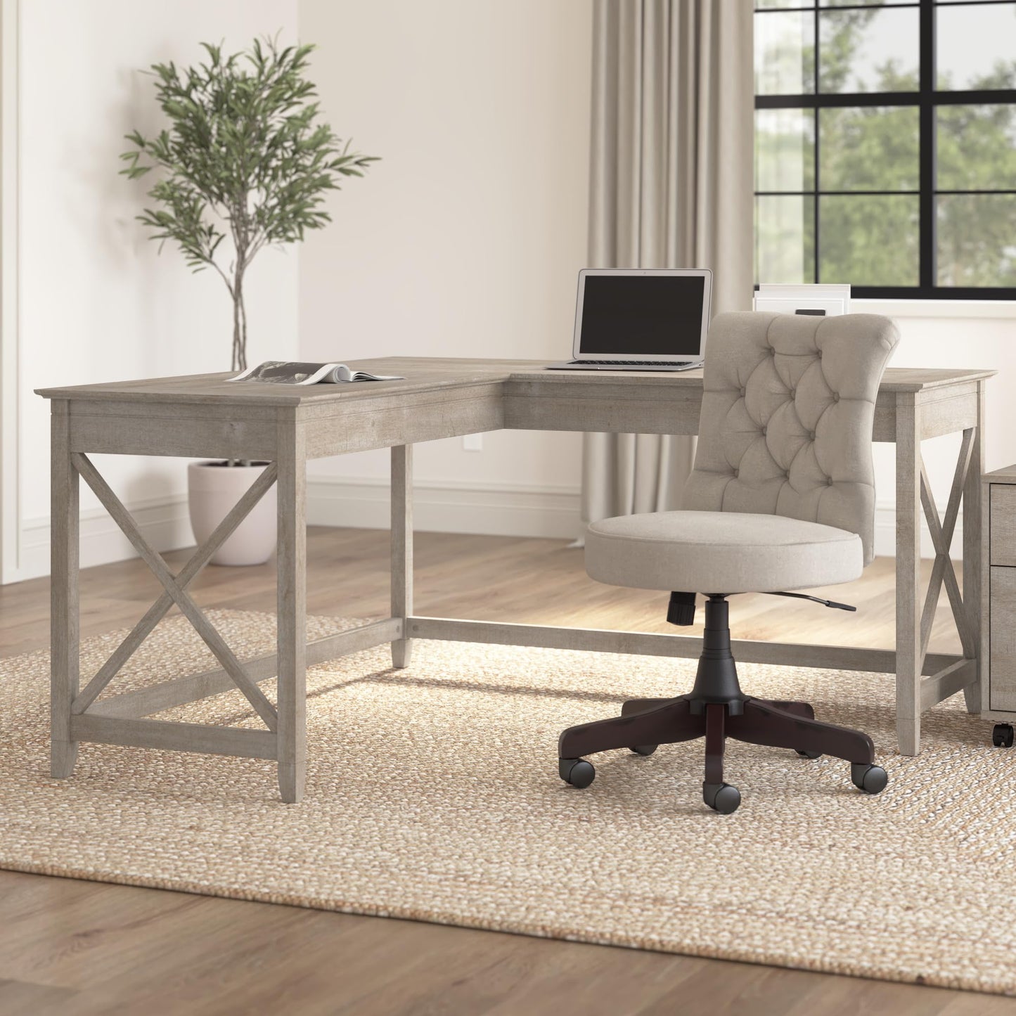 Bush Home Key West 60W Modern Farmhouse L Shaped Desk in Washed Gray, 60-Inch Corner Computer Table for Home Office Workspace