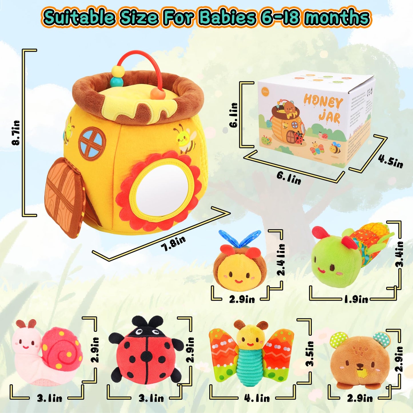 Zendstanding Baby Toys 6-12 Months - Soft Honey Jar with 6 Sensory Insect Stuffed Animals Montessori Plush Toys W/Rattle, Crinkle Paper, Mirror for Toddlers 1 2 3 Year Motor Skills Developmental