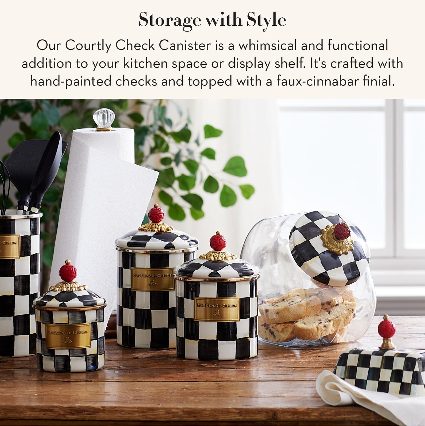MACKENZIE-CHILDS Medium Enamel Canister, Kitchen Storage Container for Flour and Sugar, 1.42 Liters, Black-and-White Courtly Check
