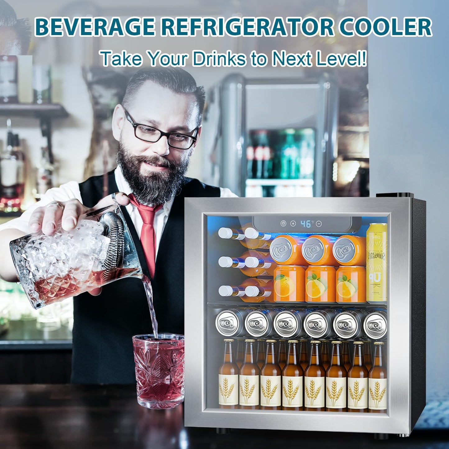 Electactic 48 Can Beverage Refrigerator,12 Bottle Wine Cooler with Seamless Stainless Steel & Glass Door, Digital Temperature Display, Countertop Mini Fridge for Soda, Wine or Beer, Silver