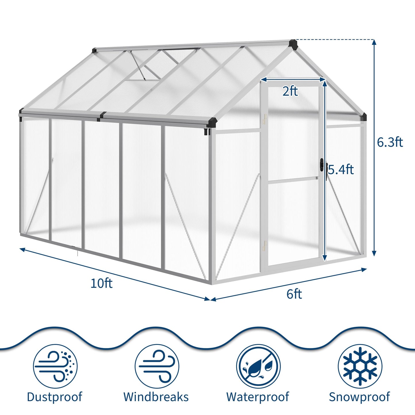 6X10 FT Greenhouse for Outdoors, Large Walk-in Polycarbonate Greenhouse Kit, Aluminum Frame, Lockable Door, Roof Vent, Ground Spikes, for Garden, Patio, Backyard, Outdoor Plant Growth