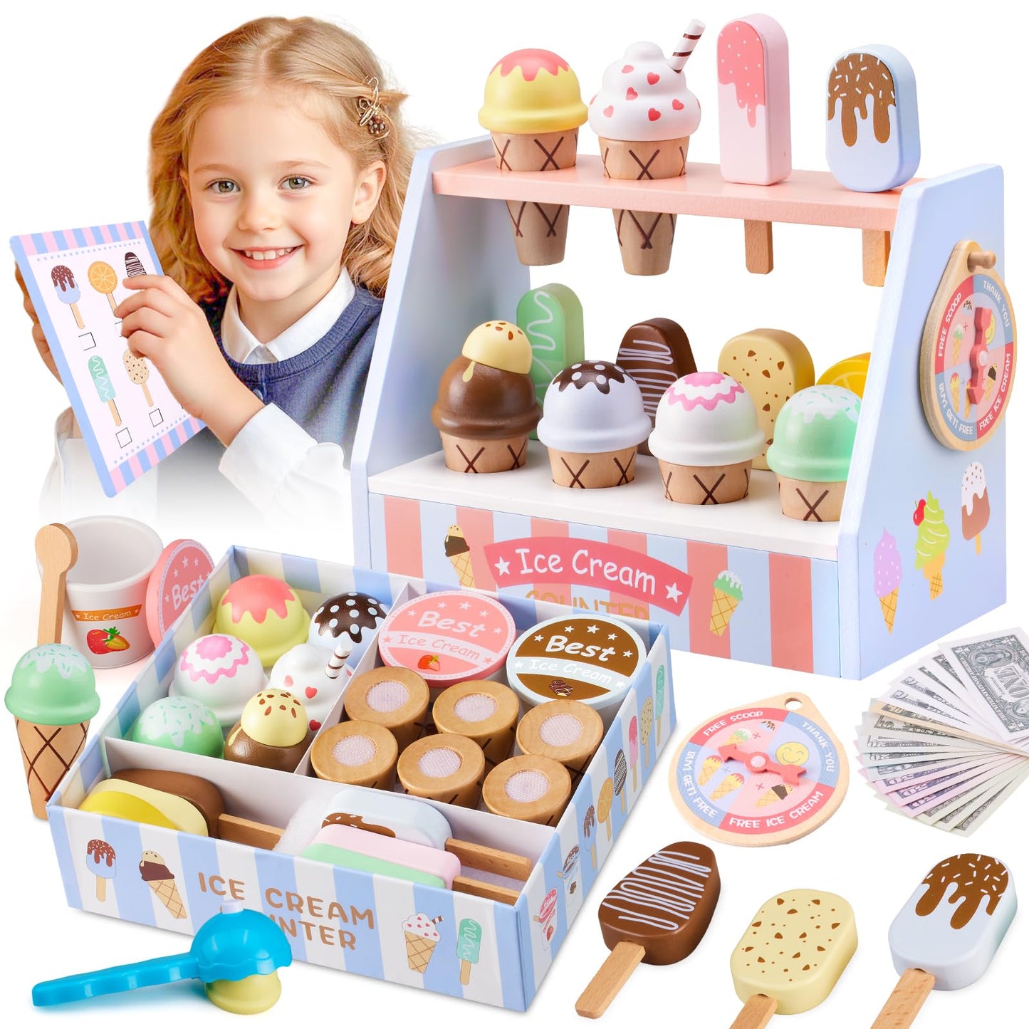 Ehome Wooden Ice Cream Toys Set Pretend Play Food Store for Kids Serve Ice Cream Counter Shop Kitchen Playset with Lucky Wheel, Scoop, Menu, Fake Money for Boys and Girls Ages 3 4 5 6 Birthday Gift