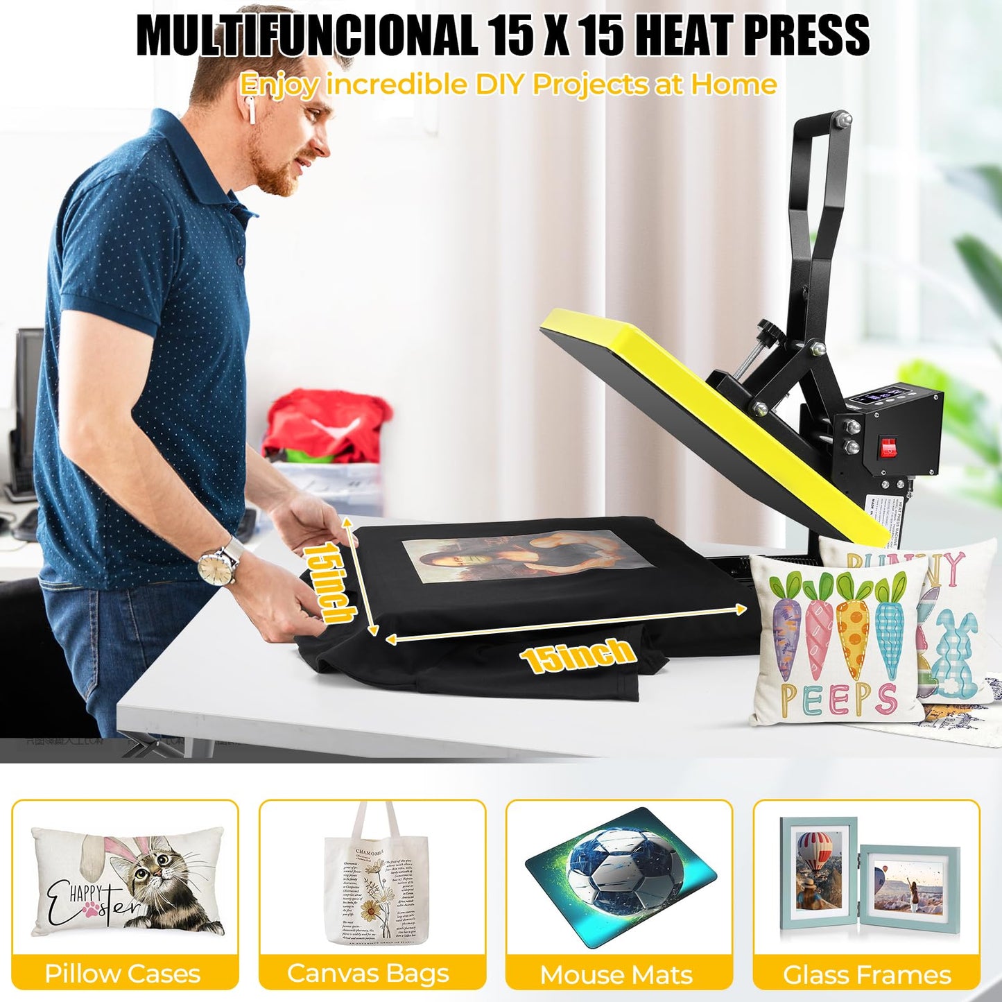 Whubefy Heat Press 15x15, Slide Out Press Machine for T-shirts w/ 3 Pre-Set Modes, Dual-Tube Fast Heating, High Pressure Digital Industrial Clamshell Sublimation Printer for Bag, Pillow, Puzzle & More