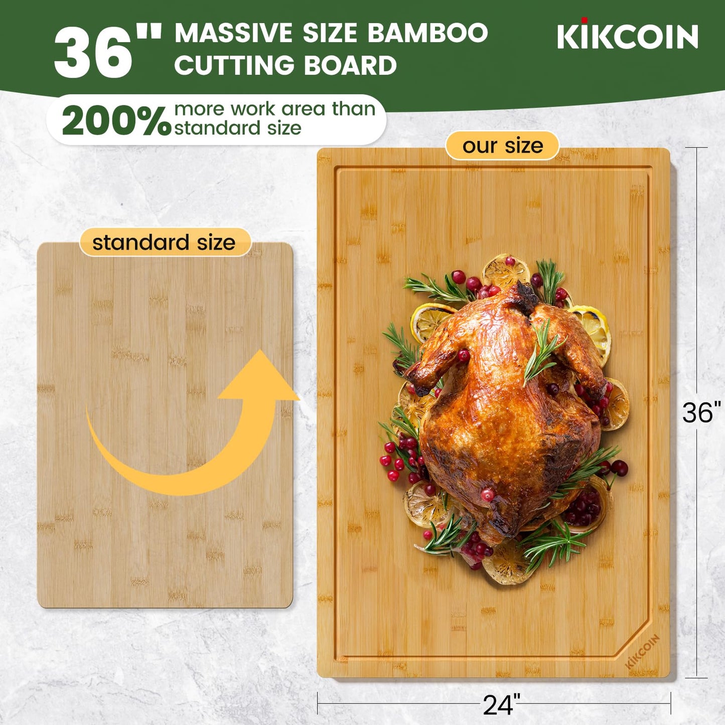 Kikcoin 36”×24” Bamboo Cutting Boards for Kitchen, Heavy Duty Wooden Cutting Boards, Healthy Extra Large Chopping Boards with Deep Juice Groove and Handle, Oversized Stove Top Cover, Natural