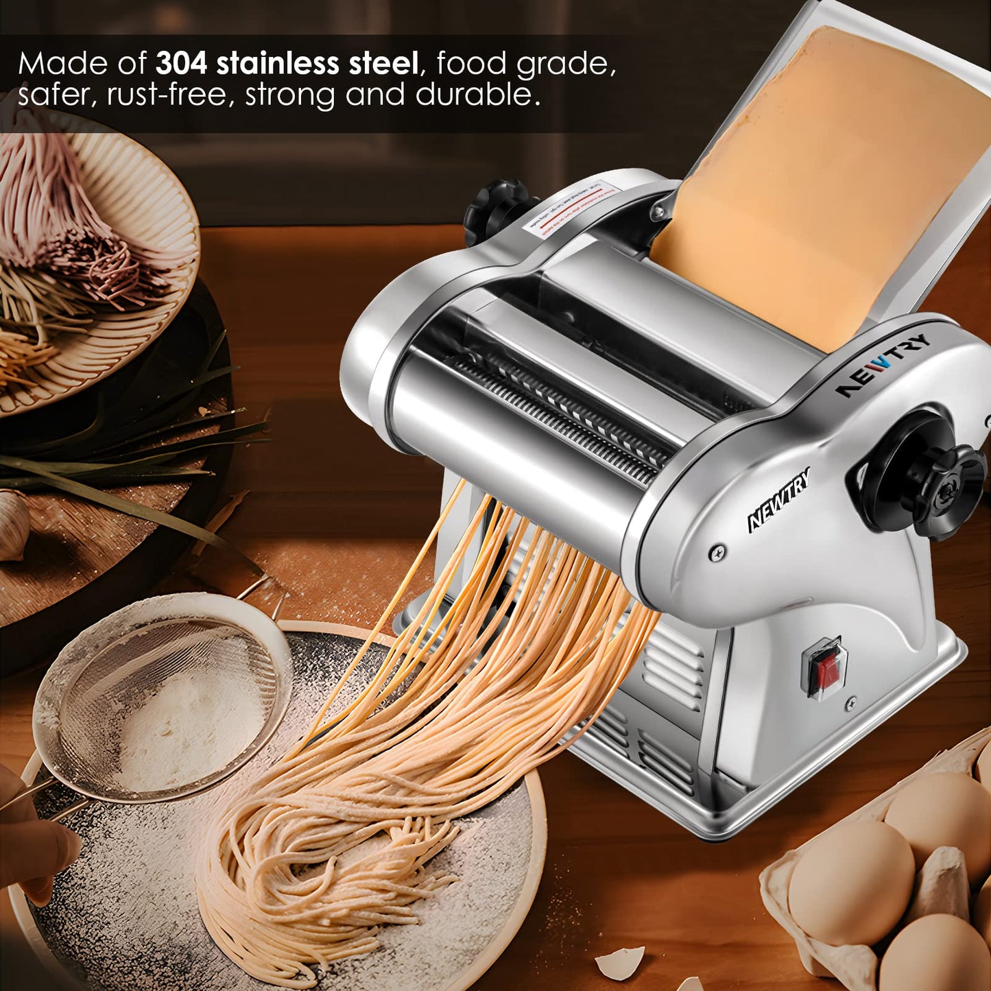 NEWTRY Electric Pasta Maker Noodle Maker Pasta Making Machine Dough Roller Cutter Thickness Adjustable Stainless Steel US 110V for Family Use 2 Blades Type
