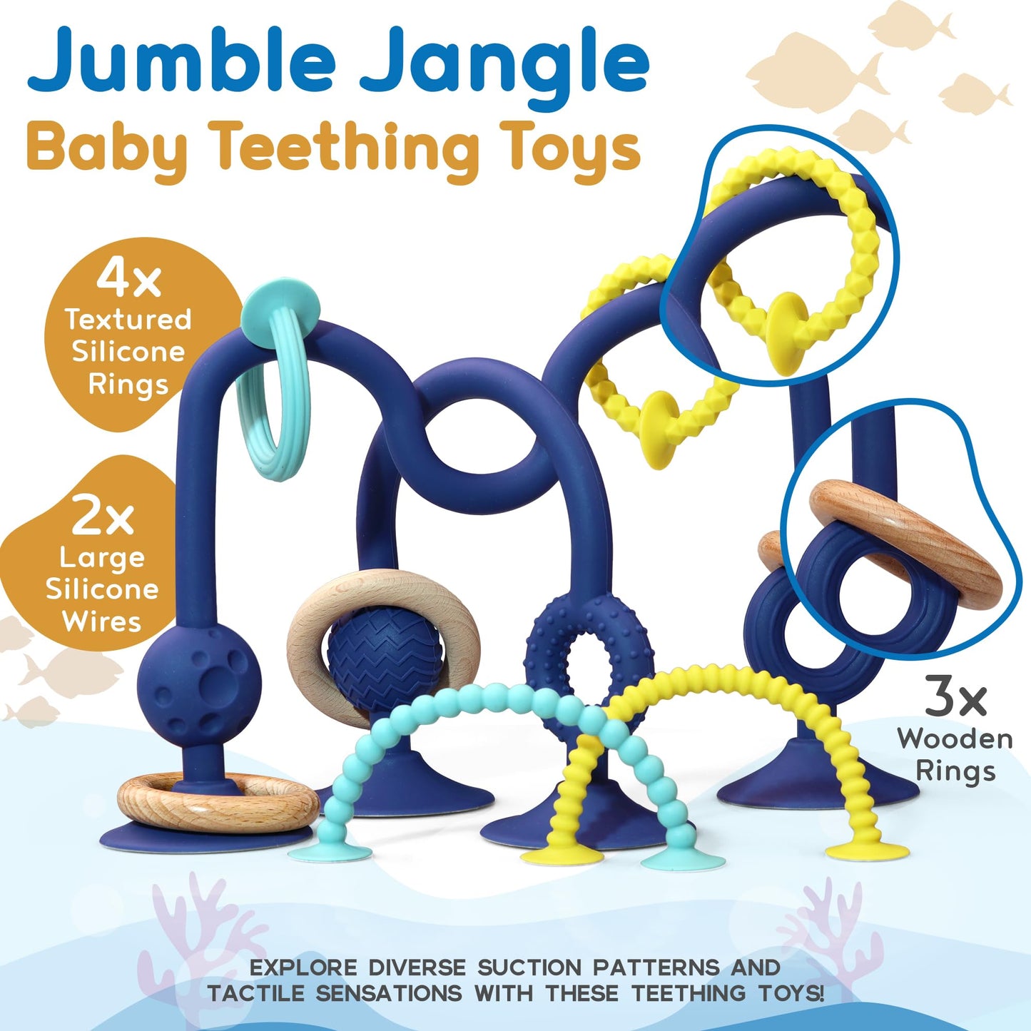 JoySprout Jumble Jangle Baby Teething Toys – Suction Cup High Chair Toys for Babies 6-12 Months | BPA-Free Baby Suction Toy for Highchair Tray, Table, Sensory Play, Teething Relief Essentials