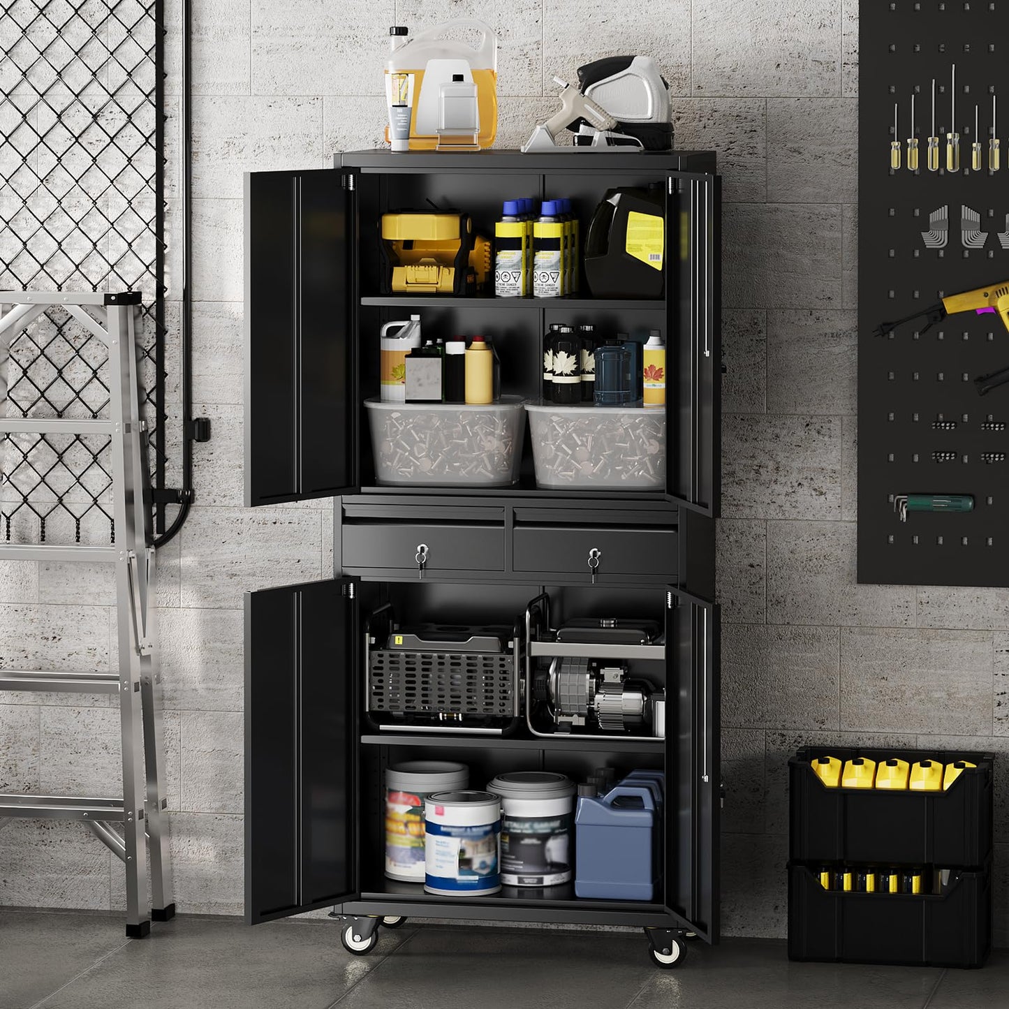 GarveeTech 73 in Metal Storage Cabinet w/Locking Doors | Adjustable Shelves + 2 Drawers | Robust Utility Storage for Garage Organization-Dark Black with Casters