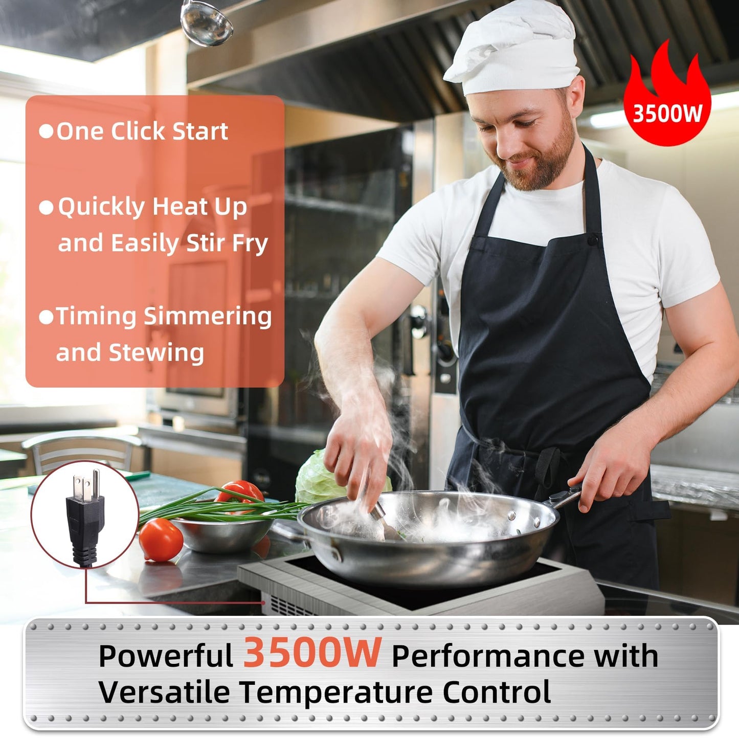 HeroInduct Portable Induction Cooktop 208-240V 3500W Commercial Range Countertop Burner Dual IGBT Modules 8 Heating Level Timer Sensor Push-Button Premium Stainless Steel Housing Ceramic Glass(Red)