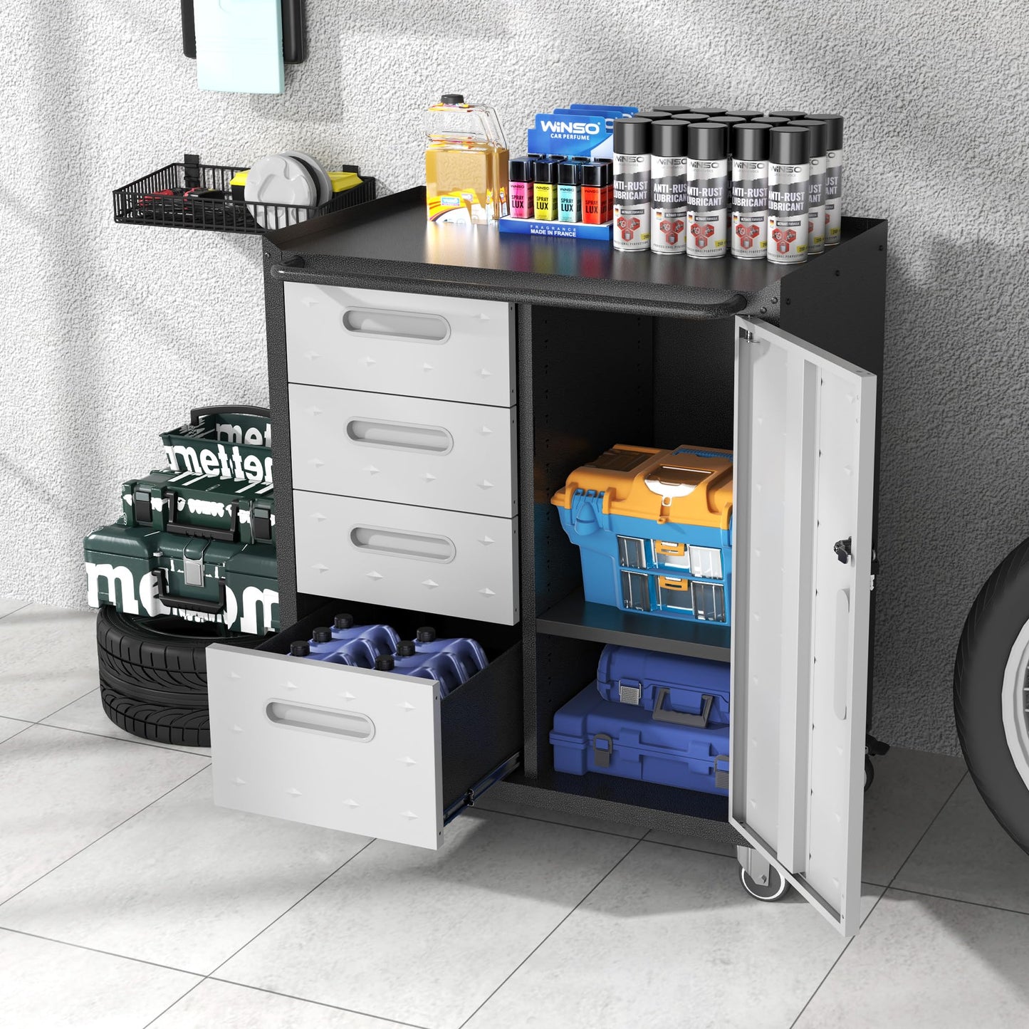 BIZOEIRON Metal Storage Cabinet with Wheels, Rolling Tool Cabinet with Adjustable Shelve, Locking Garage Storage Cabinet with 4 Drawer and 1 Door for Tools, Assembly Required (Black/Grey)