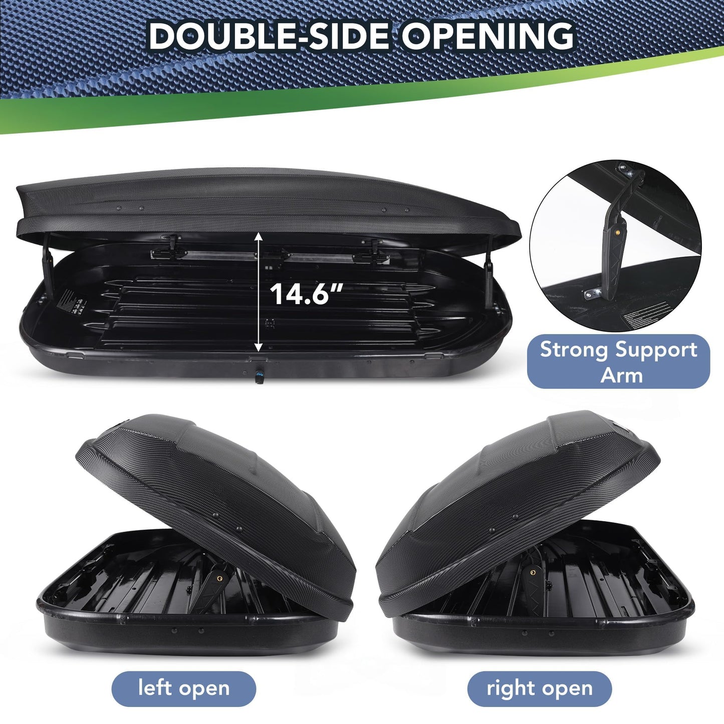 Dual-Side Opening Rooftop Cargo Box Carrier, Roof Mount Travel Luggage Storage with Secure Straps and Keys, 165 lbs Weight Capacity, Hard-Shell Vehicle Carrier, Black