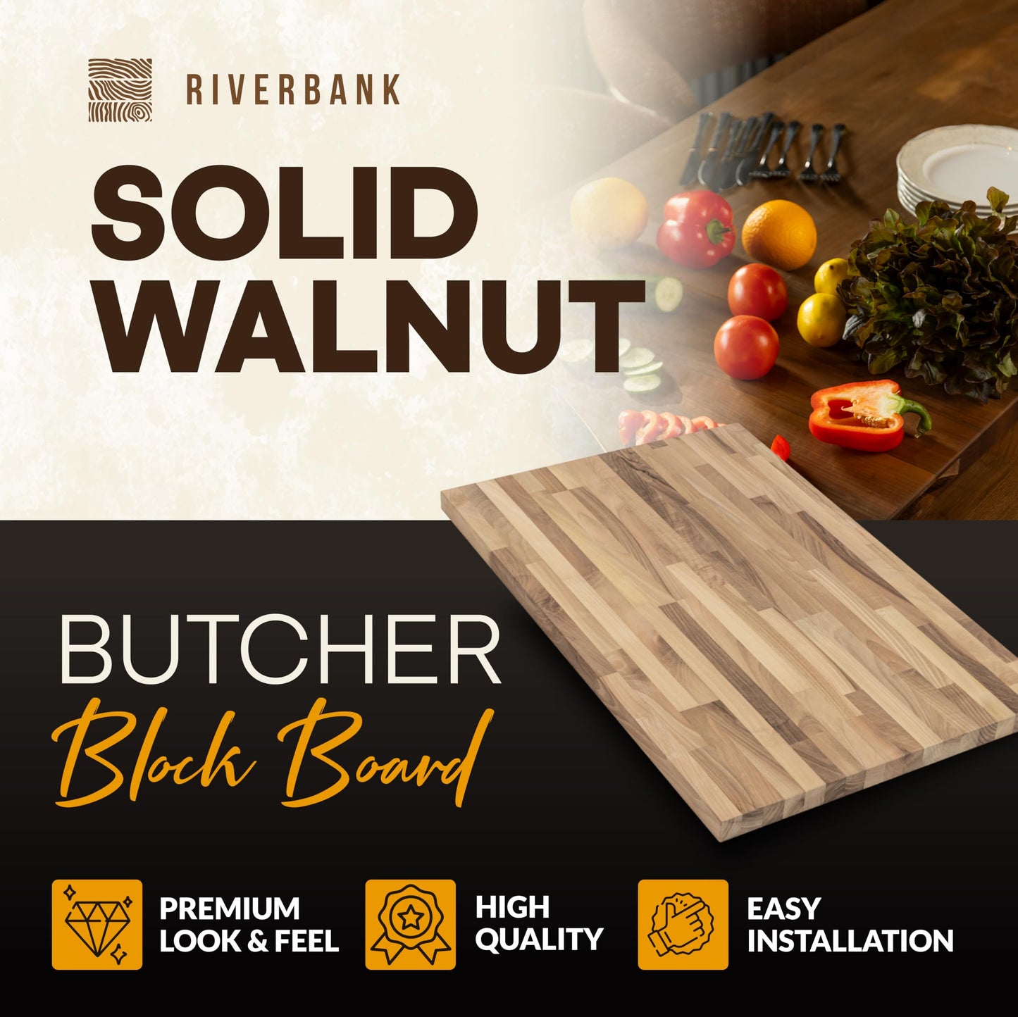 Riverbank Walnut Butcher Block Countertop, 39" Long, 25” Wide, 1.5” Thick Unfinished Solid Wood Tabletop, Perfect for Charcuterie Board, Cutting Board, DIY Hardwood Kitchen Island or Desktop