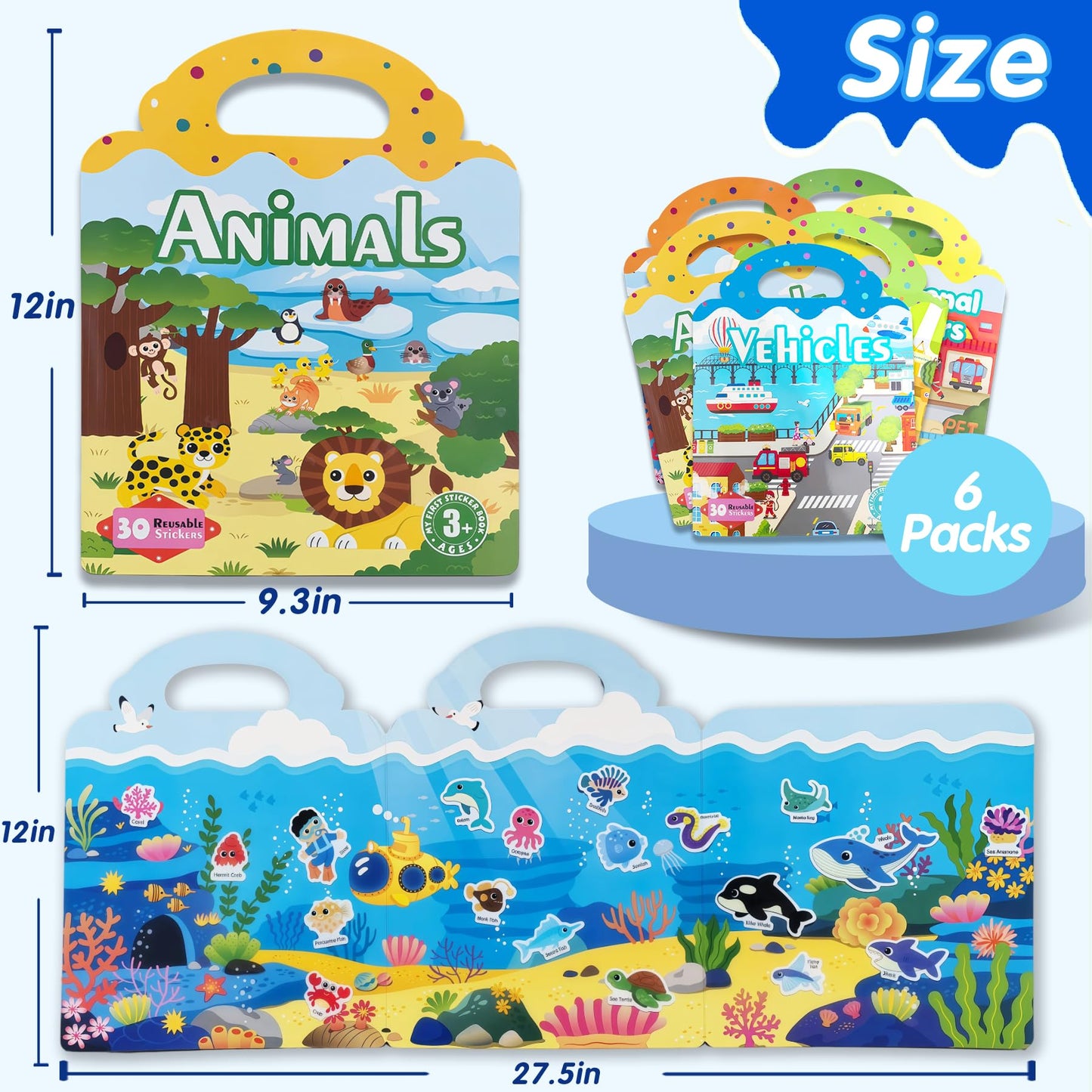 ACGROW 6 Sets Reusable Sticker Book for Kids, Puffy Jelly Stickers for Toddlers, Travel Essentials Craft Activities Toys for Boys Girls Birthday Gifts