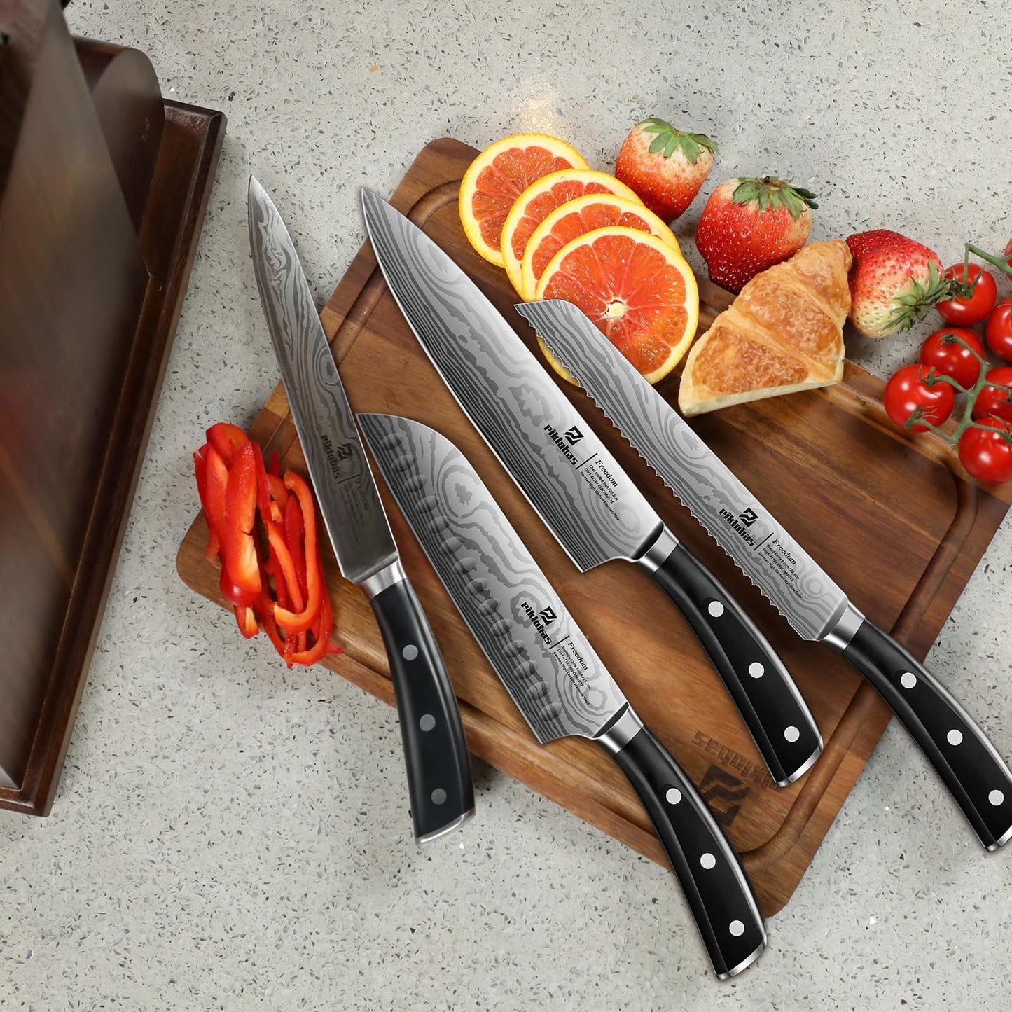 Piklohas Knife Sets for Kitchen with Block, 17 Pieces with Magnetic Knife Holder, German High Carbon Stainless Steel Damascus Pattern Chef Knife Set
