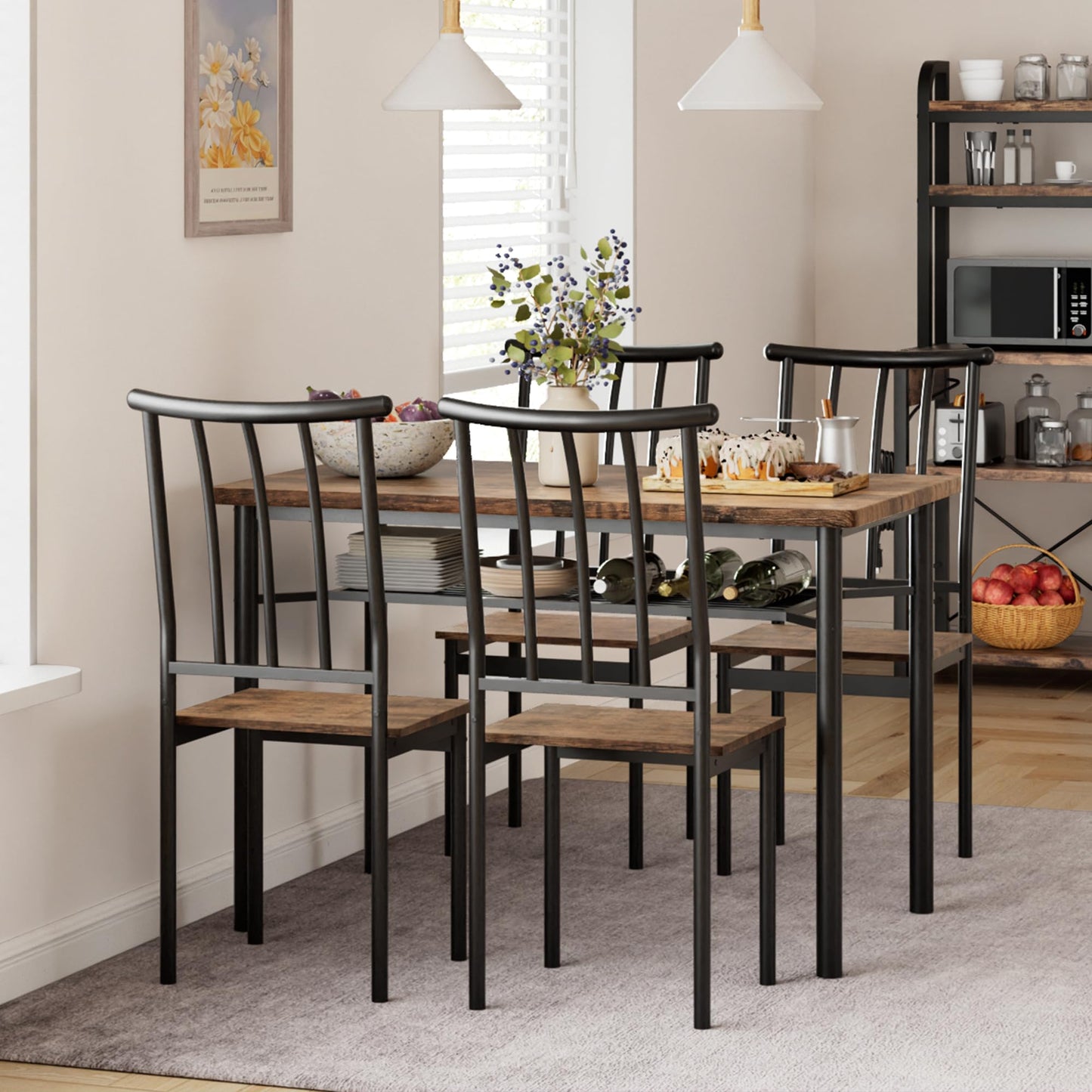 Garvee Farmhouse 5-Piece Dining Table Set for 4, Rectangular Kitchen Table with 4 Chairs, Wood Dining Set with Storage Shelf for Dining Room, Kitchen, and Small Spaces, Brown