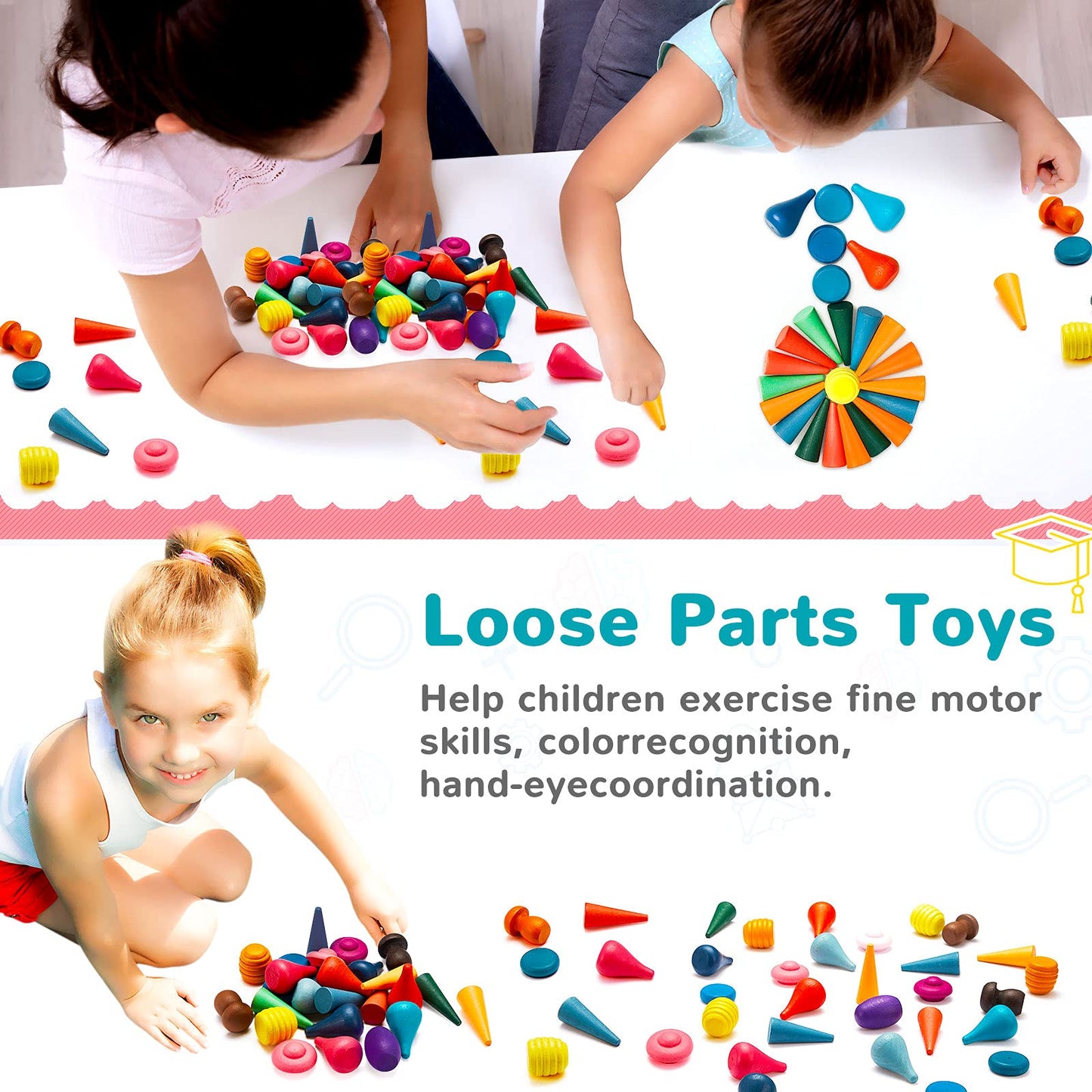 Chivao Loose Parts Play Materials Set Wooden Mandala Toys Kit Wood Sensory Play Toys 27 Rainbow Color 7 Shapes Loose Parts for Teens Students Early Learning Materials (81)