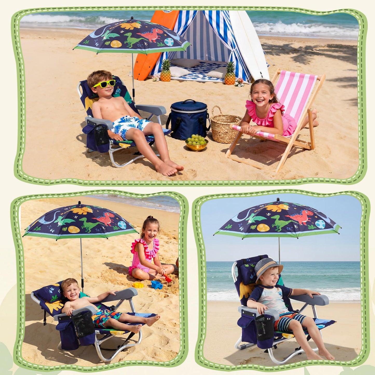 Yalikop Kids Beach Chair with 4 Positions Seaside Beach Chair with Umbrella Kids Folding Camping Seating for Boy Girls Children Sand Camping Travel Outdoor Summer Supply(Dinosaur Theme)