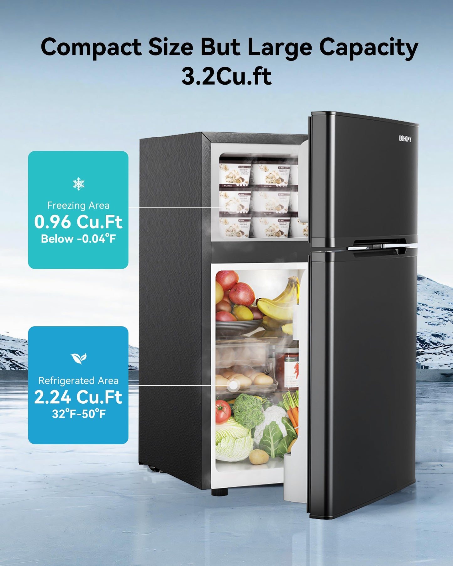 EUHOMY 3.2 Cu.Ft. Refrigerator with Freezer, 2 Door Fridge, Adjustable Thermostat,Large Capacity, Refrigerator for Kitchen/Dorm/Office/Apartment - Food Storage or Cooling drinks, Black
