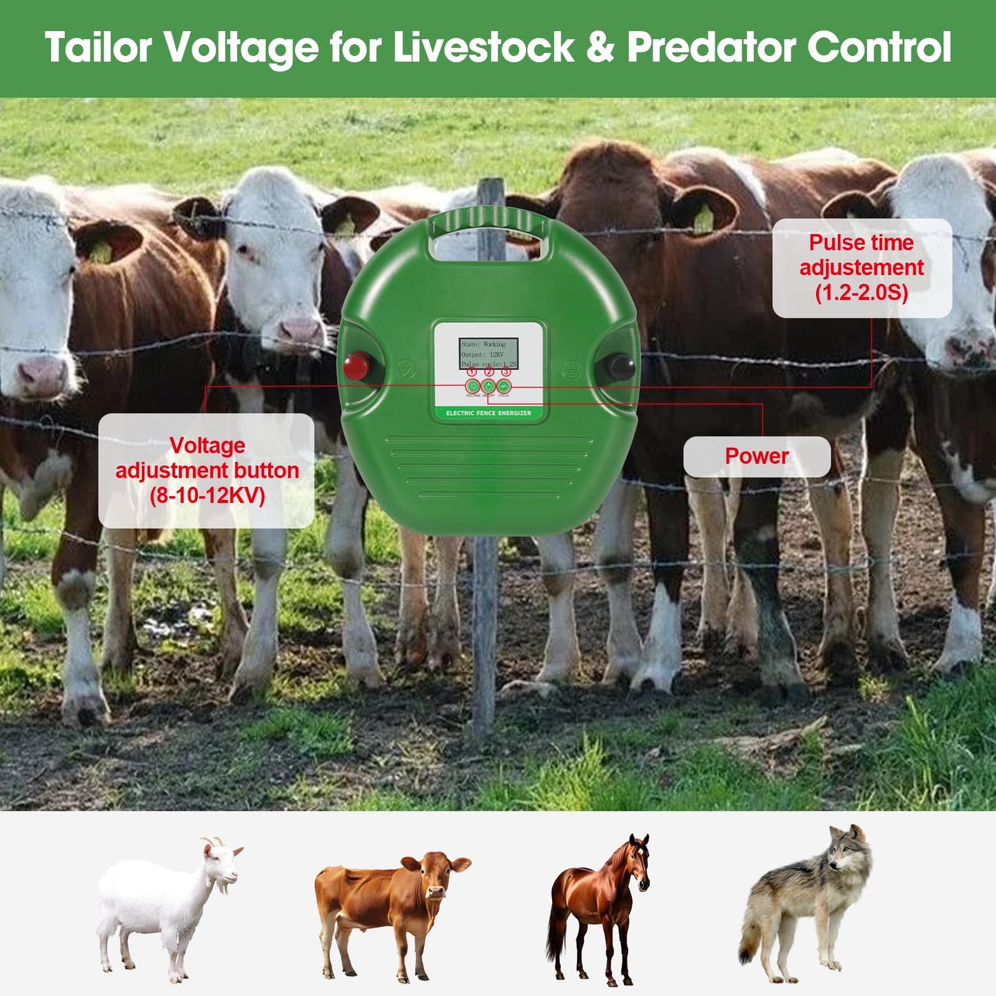Electric Fence Charger for Livestock – 15-Joule Electric Fence Energizer, Adjustable 8/10/12kV Output, Weatherproof Fence Charger, Covers 25 Miles/600 Acres