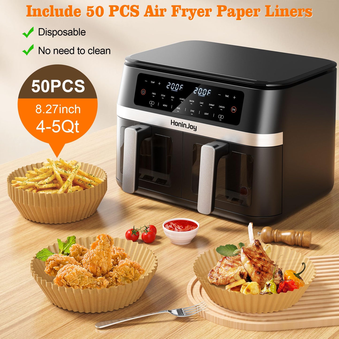 HoninJoy 12QT Large Dual Basket Air Fryer with Viewing Window and 50pcs Paper Liners, 10-in-1 Digital Touchscreen Double Zone Air Fryers, SyncCook to Bake,Roast,Reheat,Broil, Nonstick Dishwasher Safe