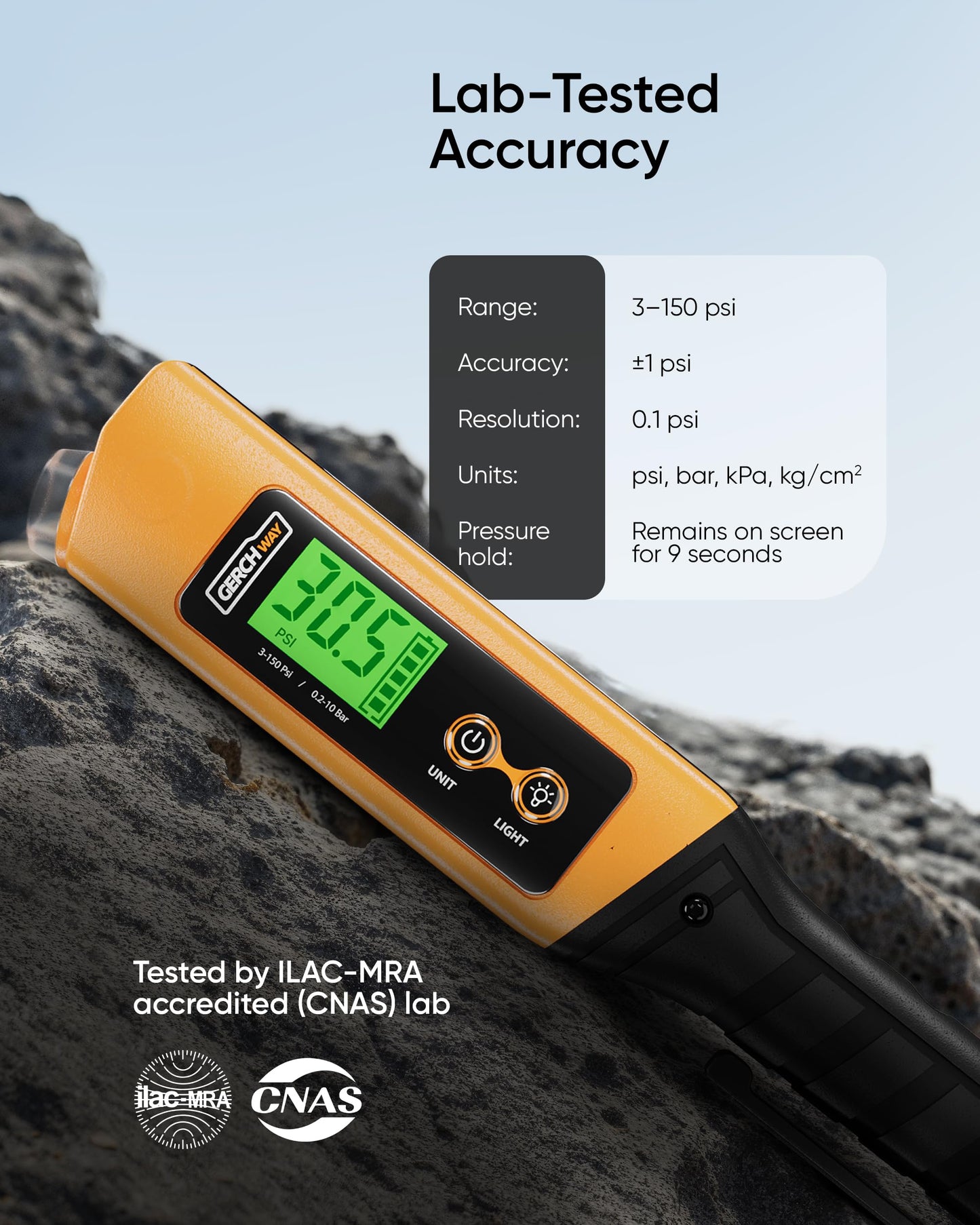 Rechargeable Digital Tire Pressure Gauge with LED Work Light, 150 PSI ±1% Accuracy, Compact 2-in-1 Air Gauge for Cars, Motorcycles, Bicycles and RVs