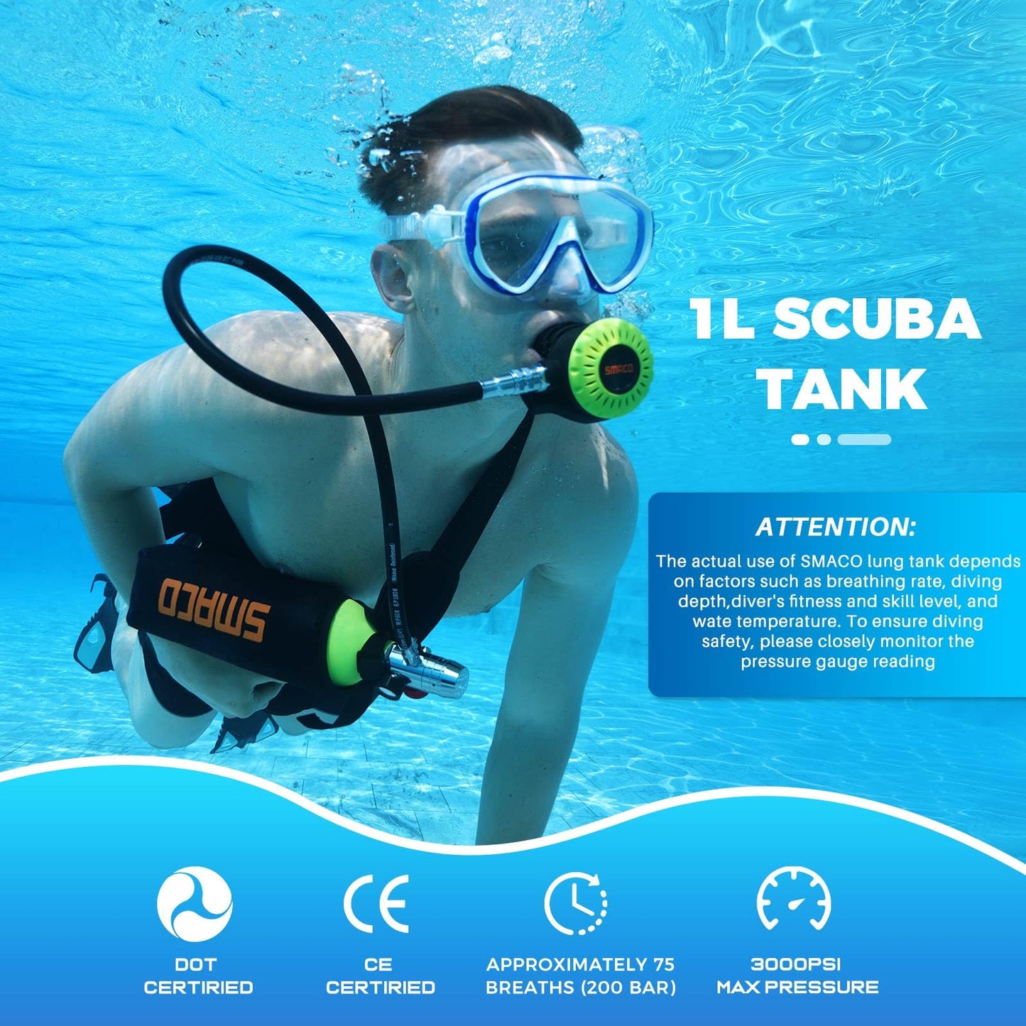 SMACO Mini Scuba Tank 1L Portable Diving Tank for for Underwater Breathing Reusable Scuba Diving Oxygen Cylinder Kit for Snorkeling &Emergency Rescue S400