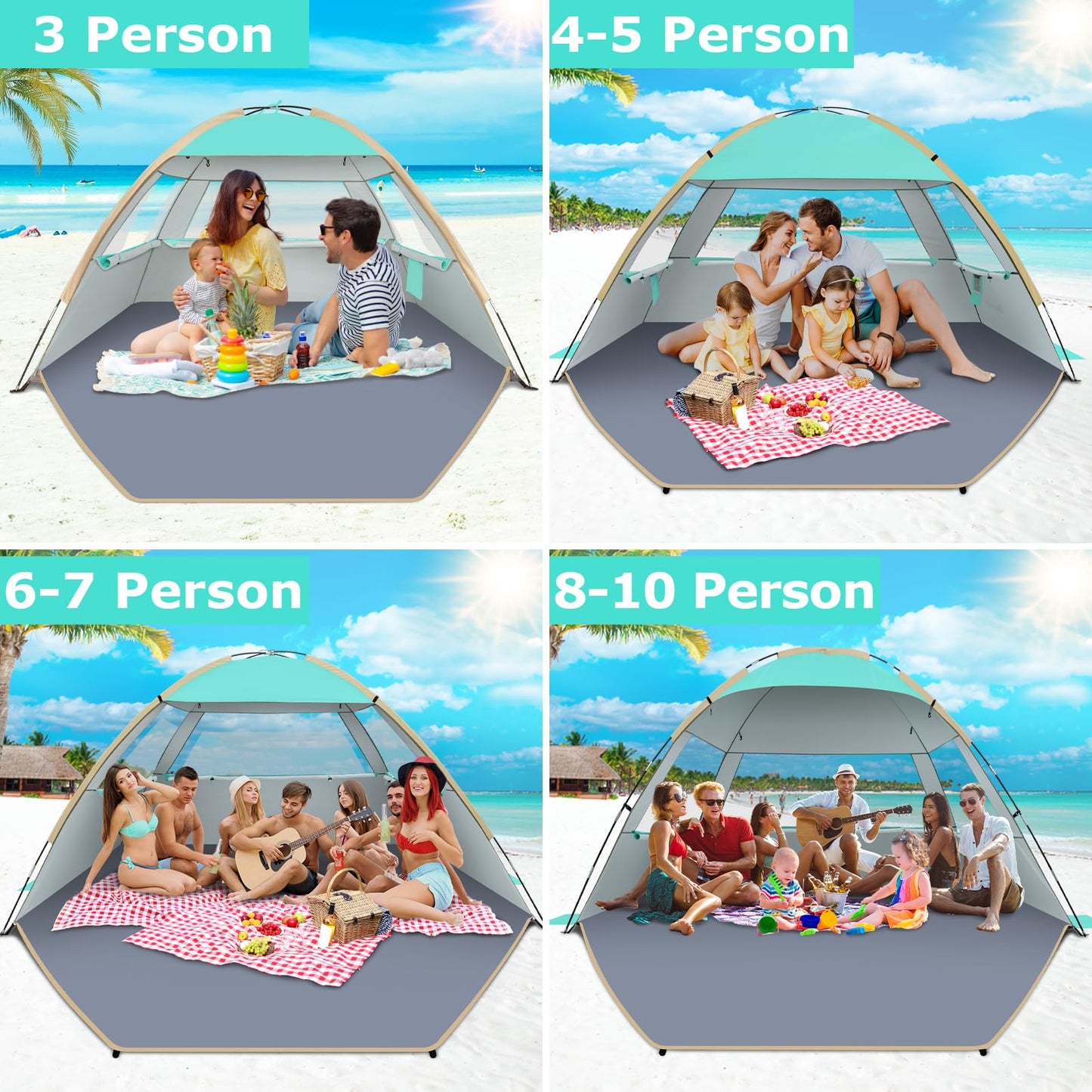 Gorich Beach Tent Sun Shelter for 3/4/6/8/10 Person with UPF 50+ UV Protection, Lightweight & Easy Setup Beach Shade Canopy, Portable Beach Shade Tent Beach Cabana
