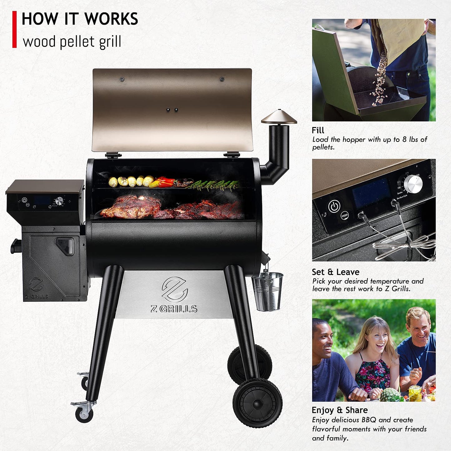 Z GRILLS Upgrade 8 in 1 Wood Pellet Grill & Smoker for Outdoor Cooking, BBQ Grill with PID 3.0 Controller, LCD Screen, 697 sq, Meat Probes, Rain Cover