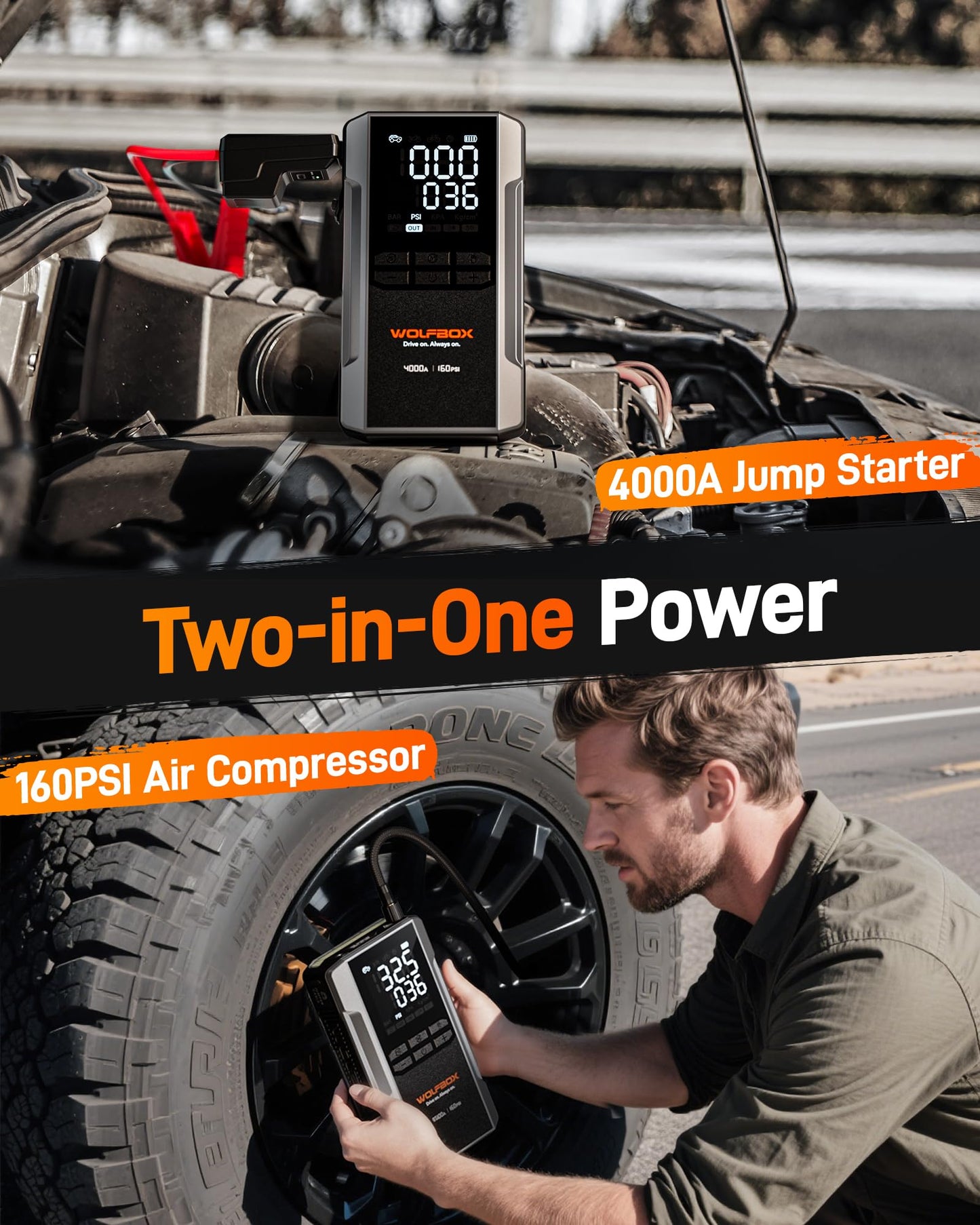 WOLFBOX 4000A Jump Starter with 160PSI air Compressor and 65W Fast Charge Adapter