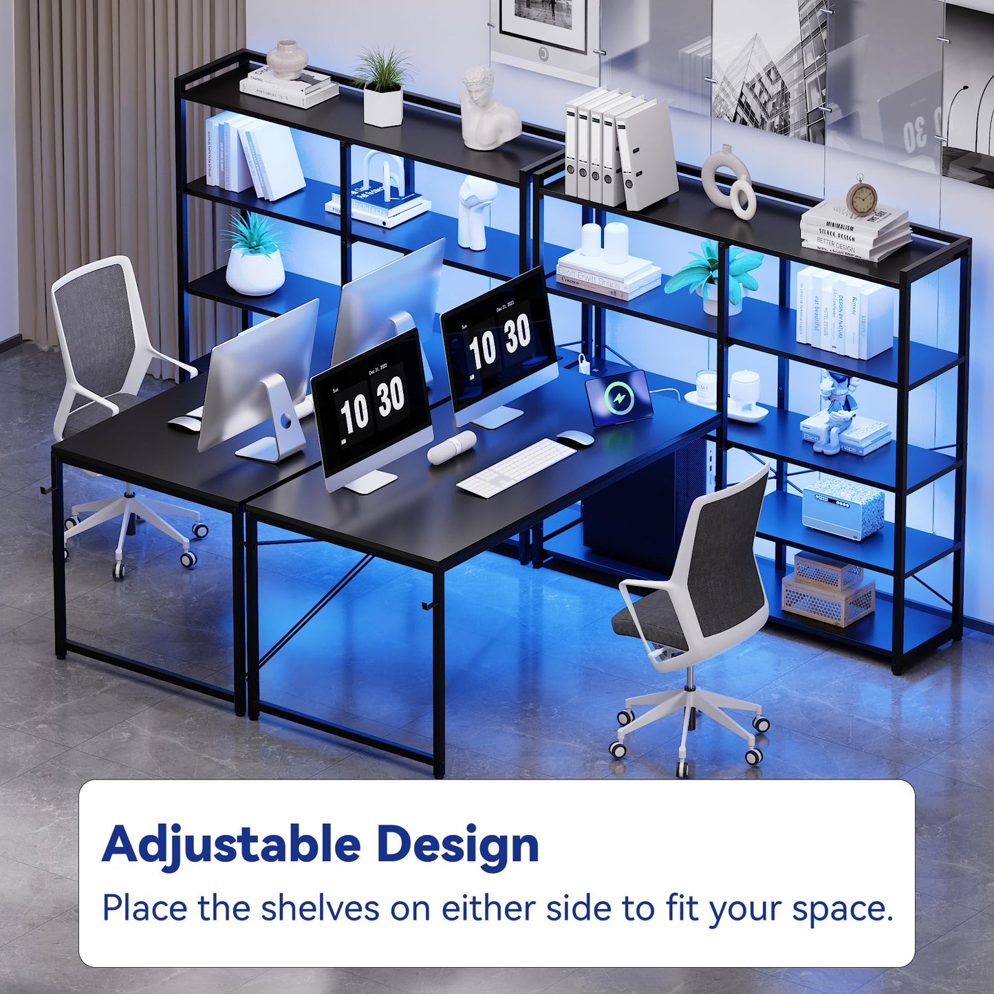 Pamray L Shaped Computer Desk with Reversible Side Storage Shelves, 49 Inch Gaming Desk with Power Outlets and Led Lights, PC Table for Home Office and Bedroom Black