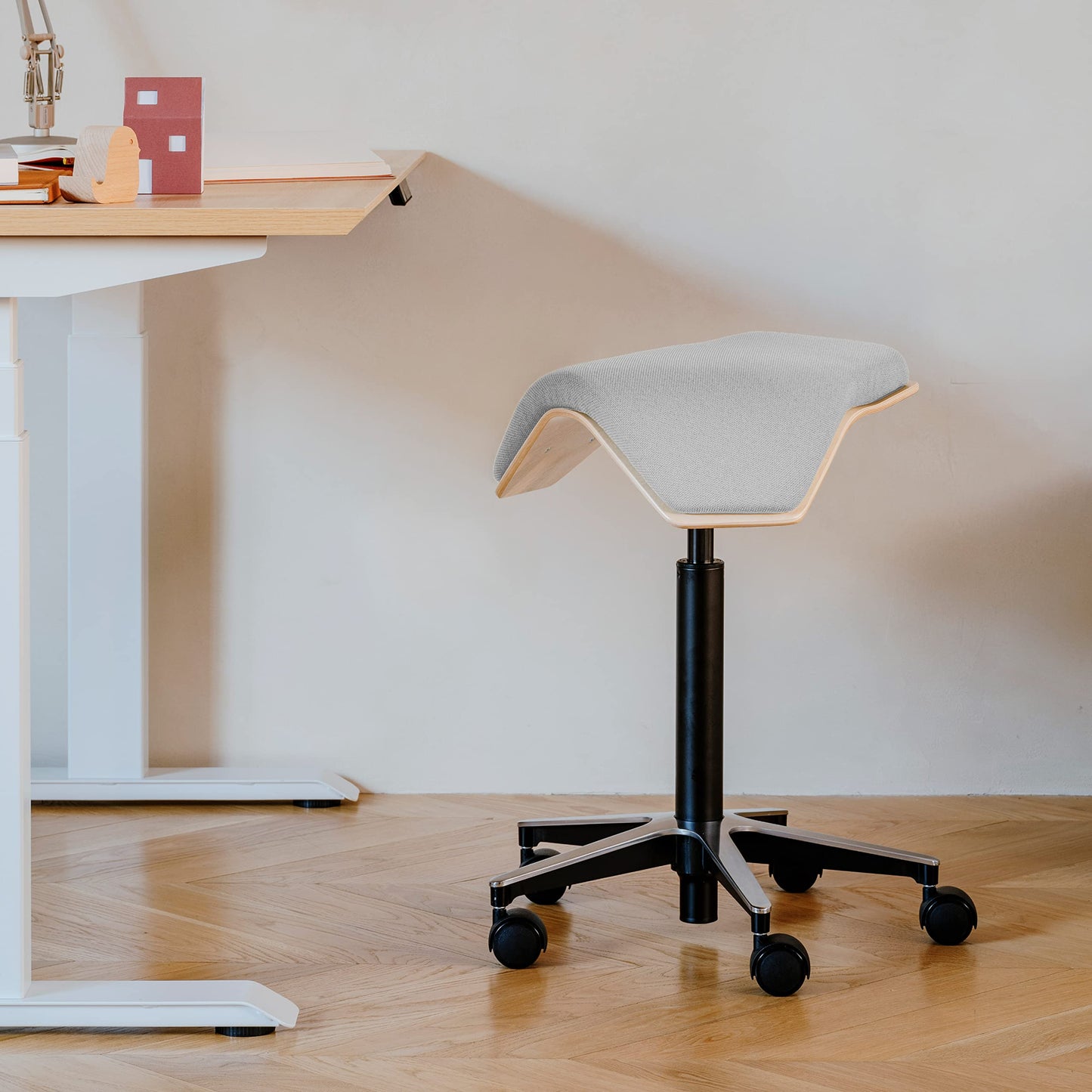 Branch Saddle Chair - Ergonomic Rolling Stool with Birch Plywood Frame and Recycled Seat Fabric - Height Adjustable Saddle Seat for Active Sitting and Better Posture - Dove