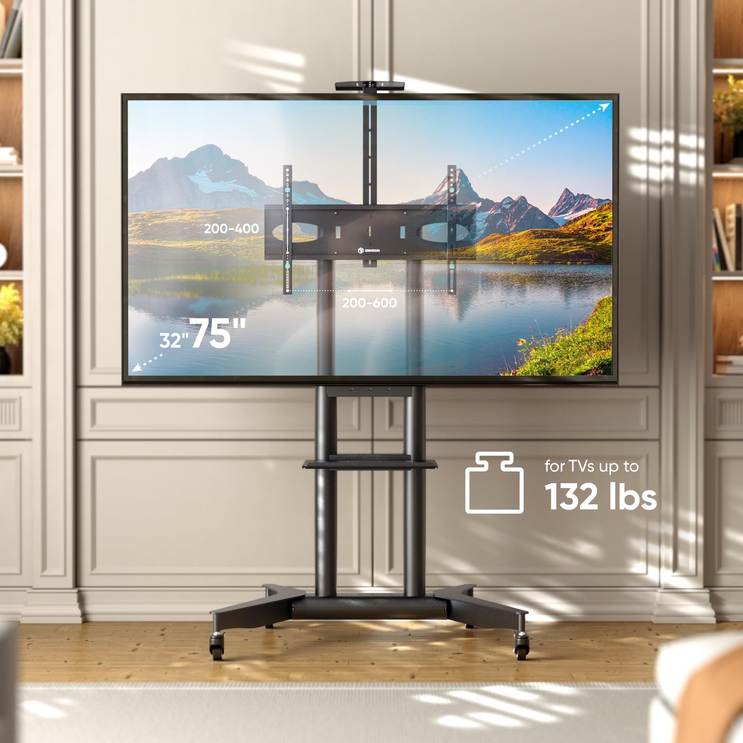 ONKRON Mobile TV Stand on Wheels for 32-75 Inch Screen, max Load 132 lbs, Height Adjustable TV Portable Stand, VESA 200x200-600x400, TV Cart Rolling TV Stand with Wheels and Shelf Black