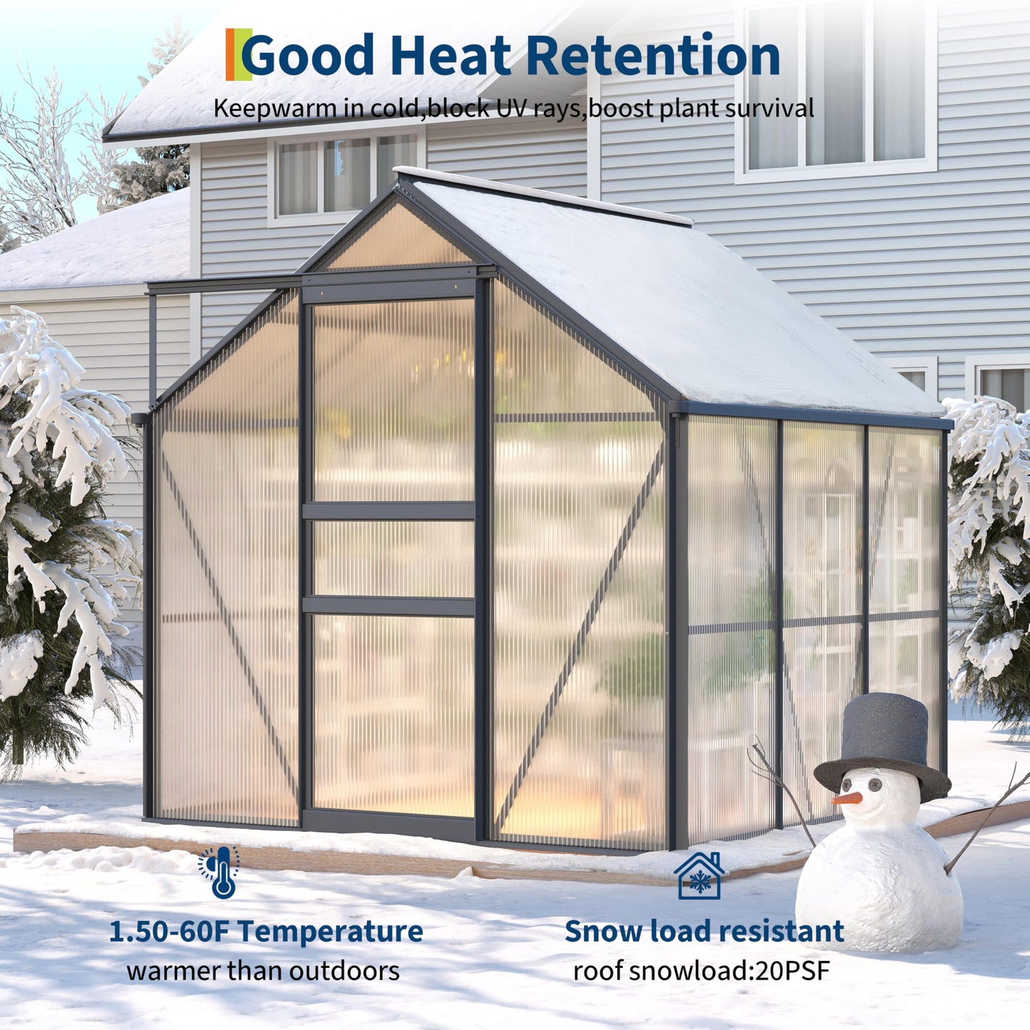 6X6FT Walk-in Polycarbonate Greenhouse, Outdoor Weatherproof Greenhouse Kit with Adjustable Roof Vent, Sliding Door & Gutter Drainage, Portable Green House for Patio Backyard Winter Gardening