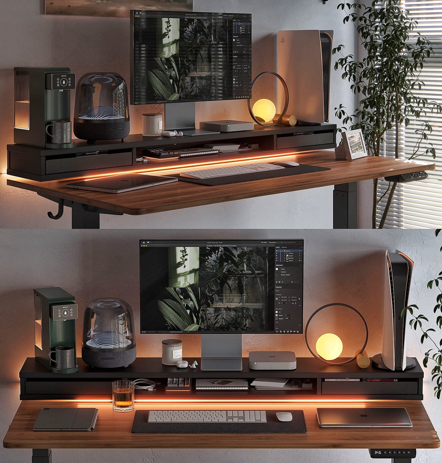 FEZIBO 60 x 24 Inch Height Adjustable Electric Standing Desk with Double Drawers, Stand Up Desk with LED Strips, Sit Stand Desk with Monitor Stand, Black Walnut