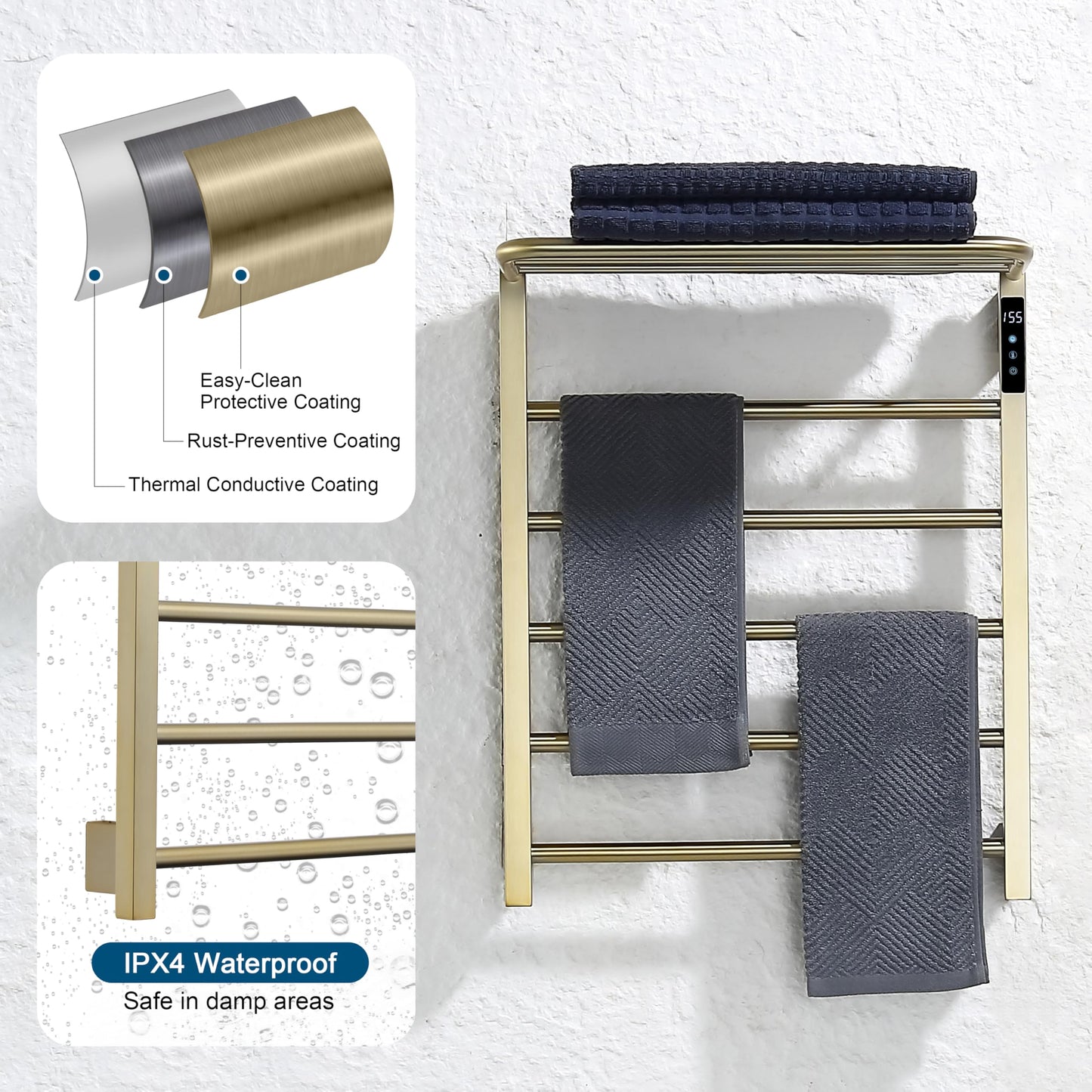 KOOTTI Heated Towel Racks for Bathroom, Hot Towel Warmer 5 Bars with 24hr Timer Stainless Steel Wall Mounted Electric Towel Warmers for Bathroom (Brushed Gold, 5-Bar)