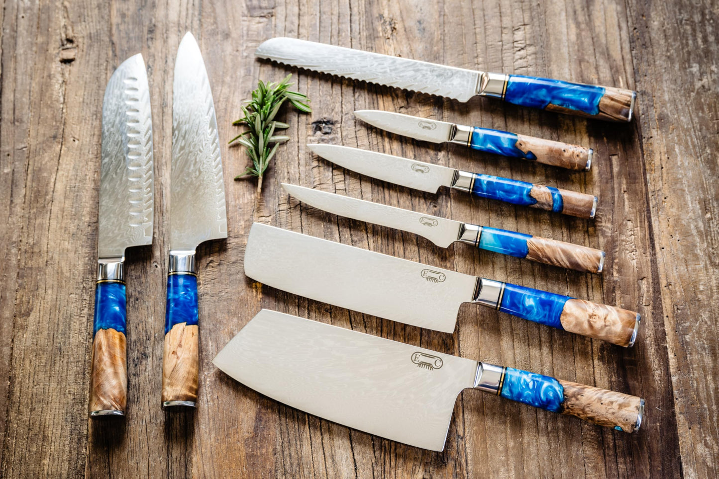 Epicurean Cook Damascus Kitchen Knife Set with VG10 Steel - 8-Piece Japanese Damascus Knife Set for Professional Performance - Ultra Sharp Chef Knives with Blue Resin Burl Wood Handles