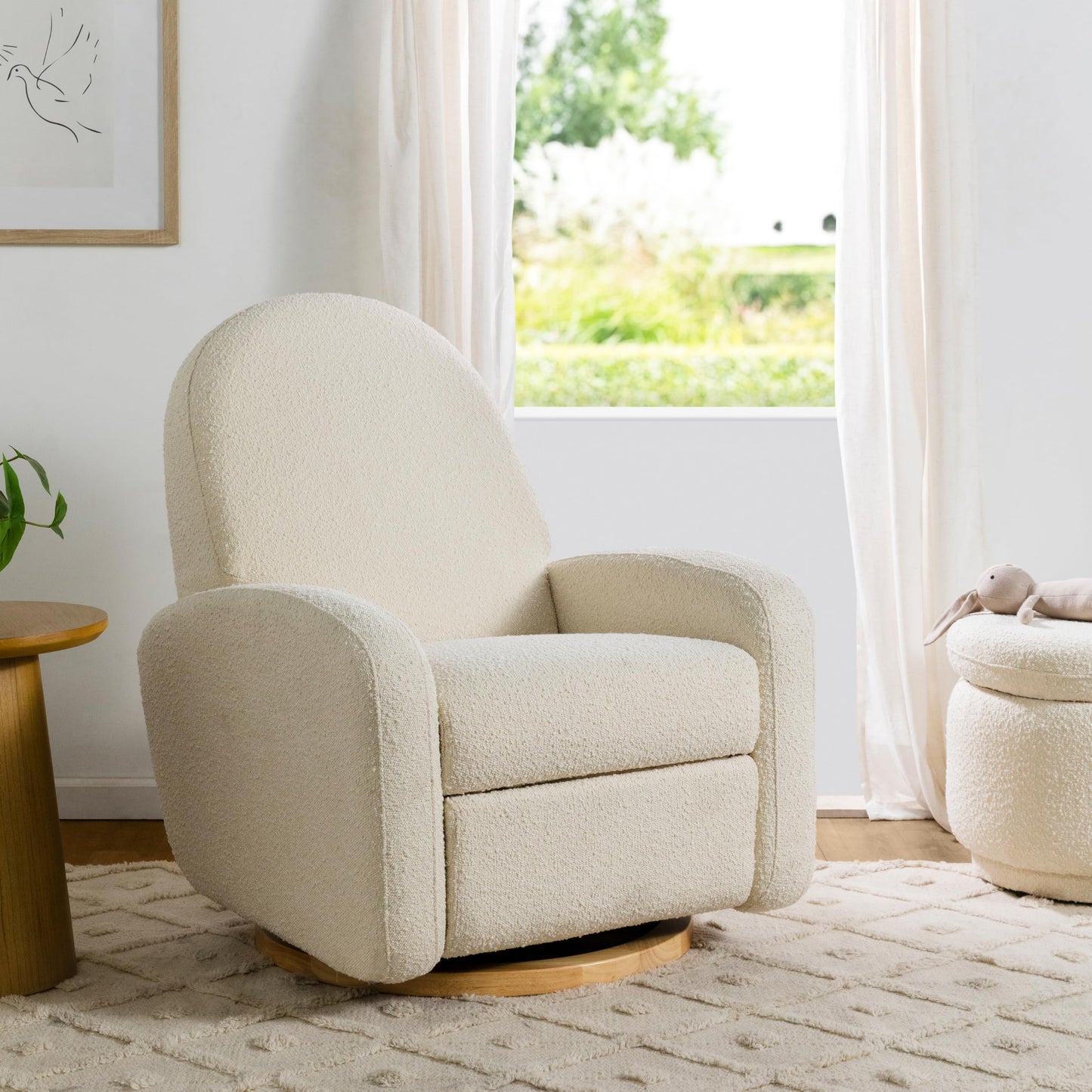Babyletto Nami Electronic Power Recliner and Swivel Glider with USB Port in Ivory Boucle with Light Wood Base, Greenguard Gold and CertiPUR-US Certified