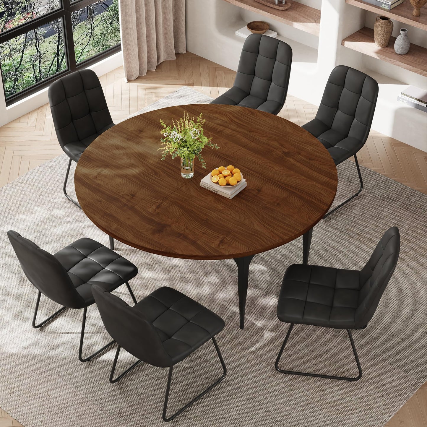 HIPIHOM Expandable Folding Dining Table Set, 55-Inch Round to Square Table with 6 Upholstered Chairs, Metal Frame, for Dining Room or Apartment (Round Table + 6 Black Modern Dining Chairs)