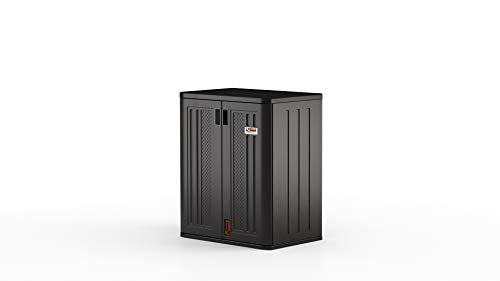 Suncast Heavy-Duty Resin Outdoor Storage Cabinet, 30" W x 20.25" D x 36" H Dark Grey Base Garage Storage Cabinet with Lockable Doors and Metal Reinforced Shelves, Made in The USA