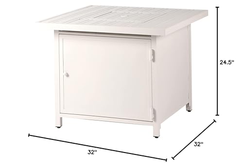 Square 32 in. x 32 in. Aluminum Propane Fire Pit Table with Glass Beads, Two Covers, Lid, 37,000 BTUs in White Finish